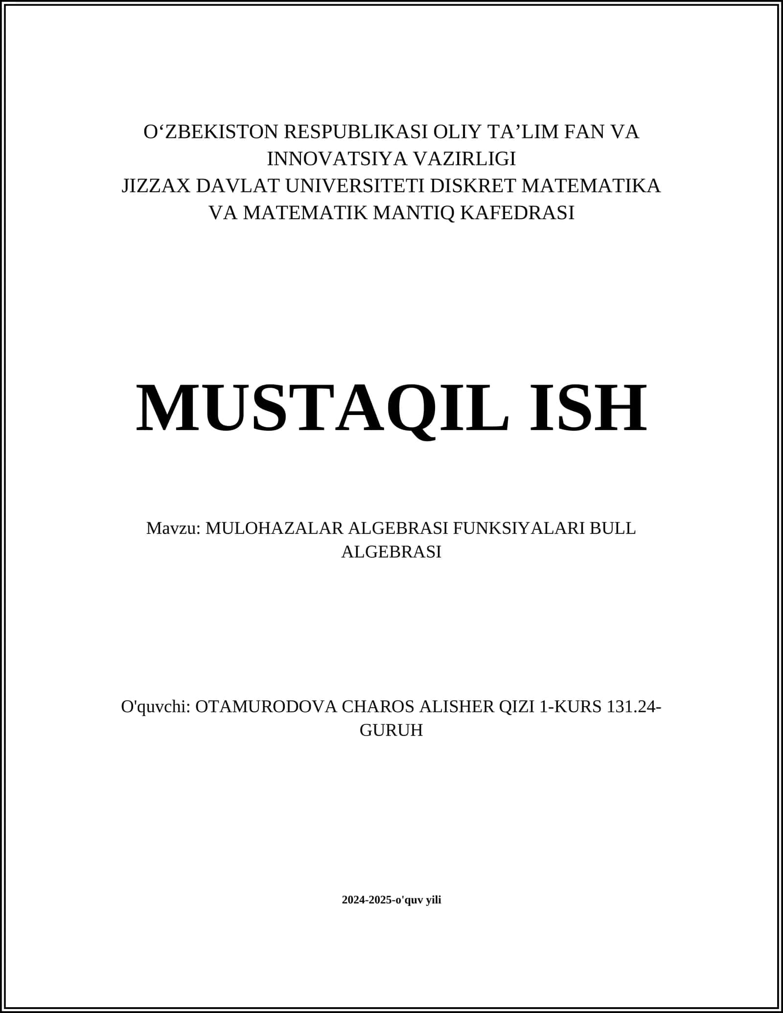 MULOHAZALAR ALGEBRASI FUNKSIYALARI BULL ALGEBRASI