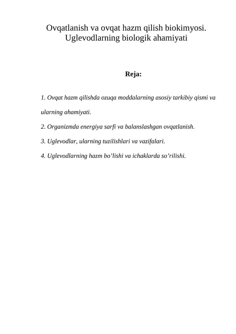 Ovqatlanish va ovqat hazm qilish biokimyosi