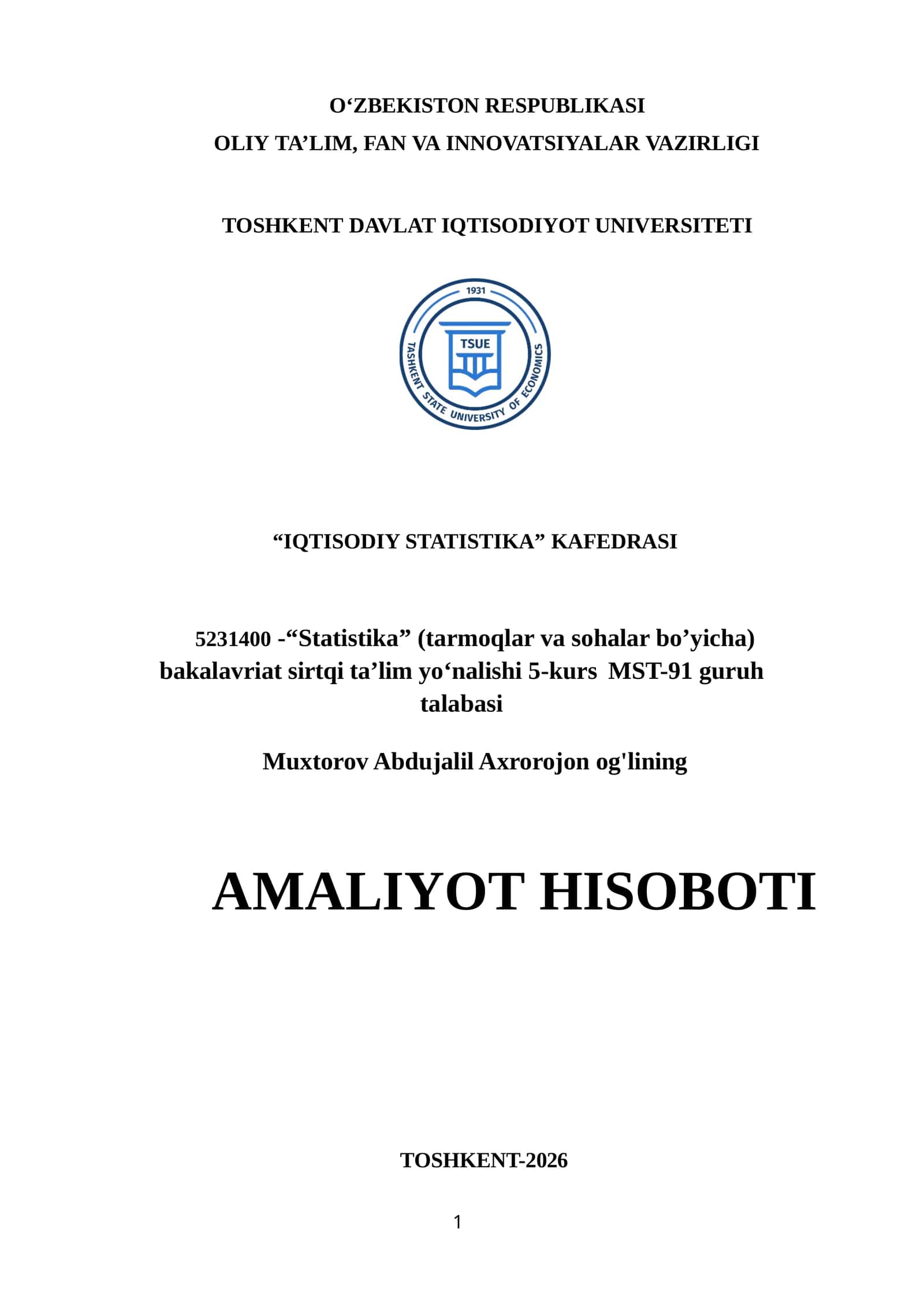 AMALIYOT HISOBOTI. Iqtisodiyot va moliya vazirligi