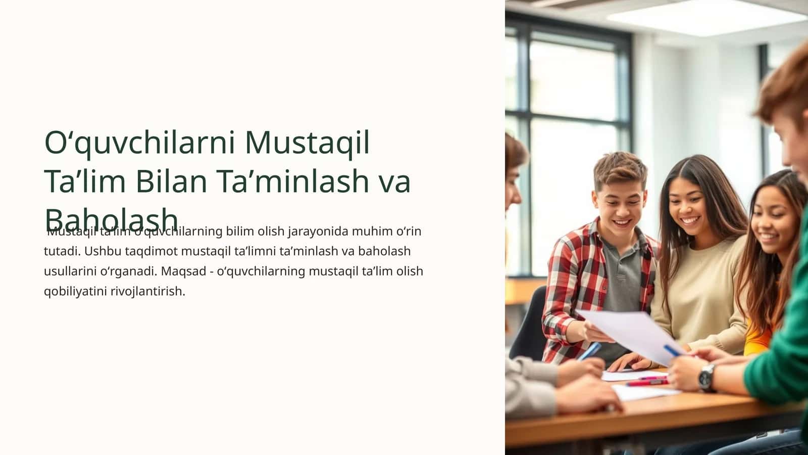 Oʻquvchilarni Mustaqil Taʼlim Bilan Taʼminlash va Baholash