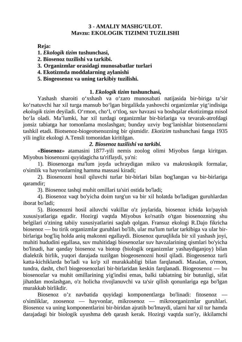 EKOLOGIK TIZIMNI TUZILISHI