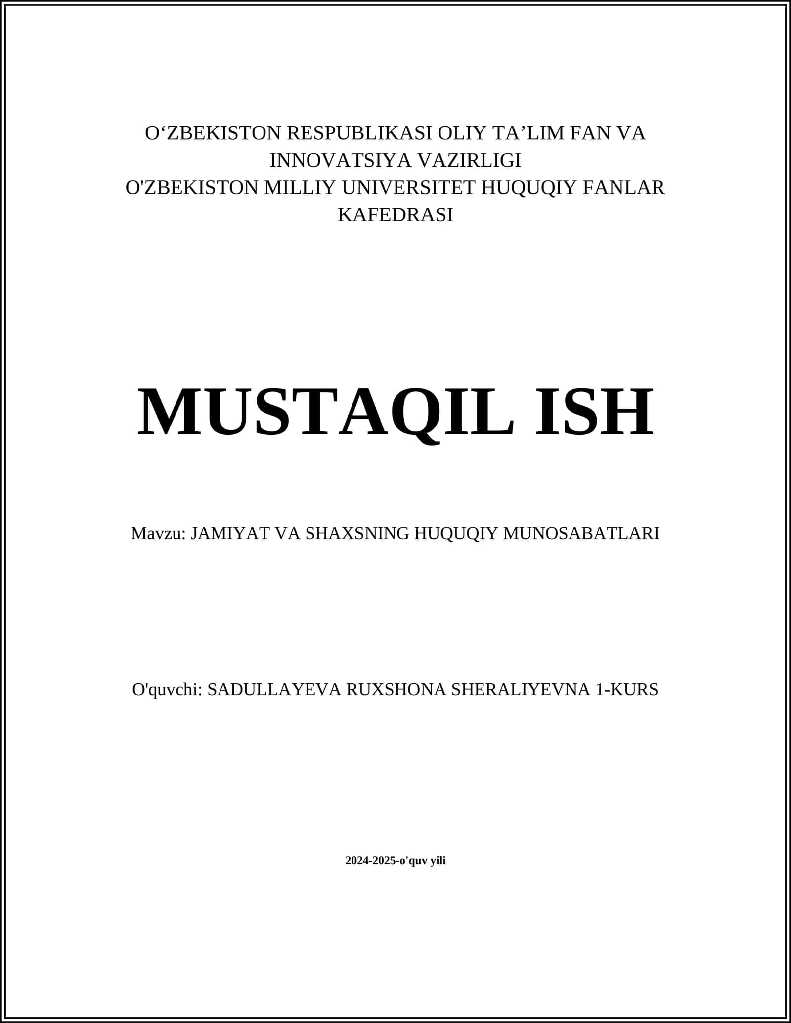 JAMIYAT VA SHAXSNING HUQUQIY MUNOSABATLARI
