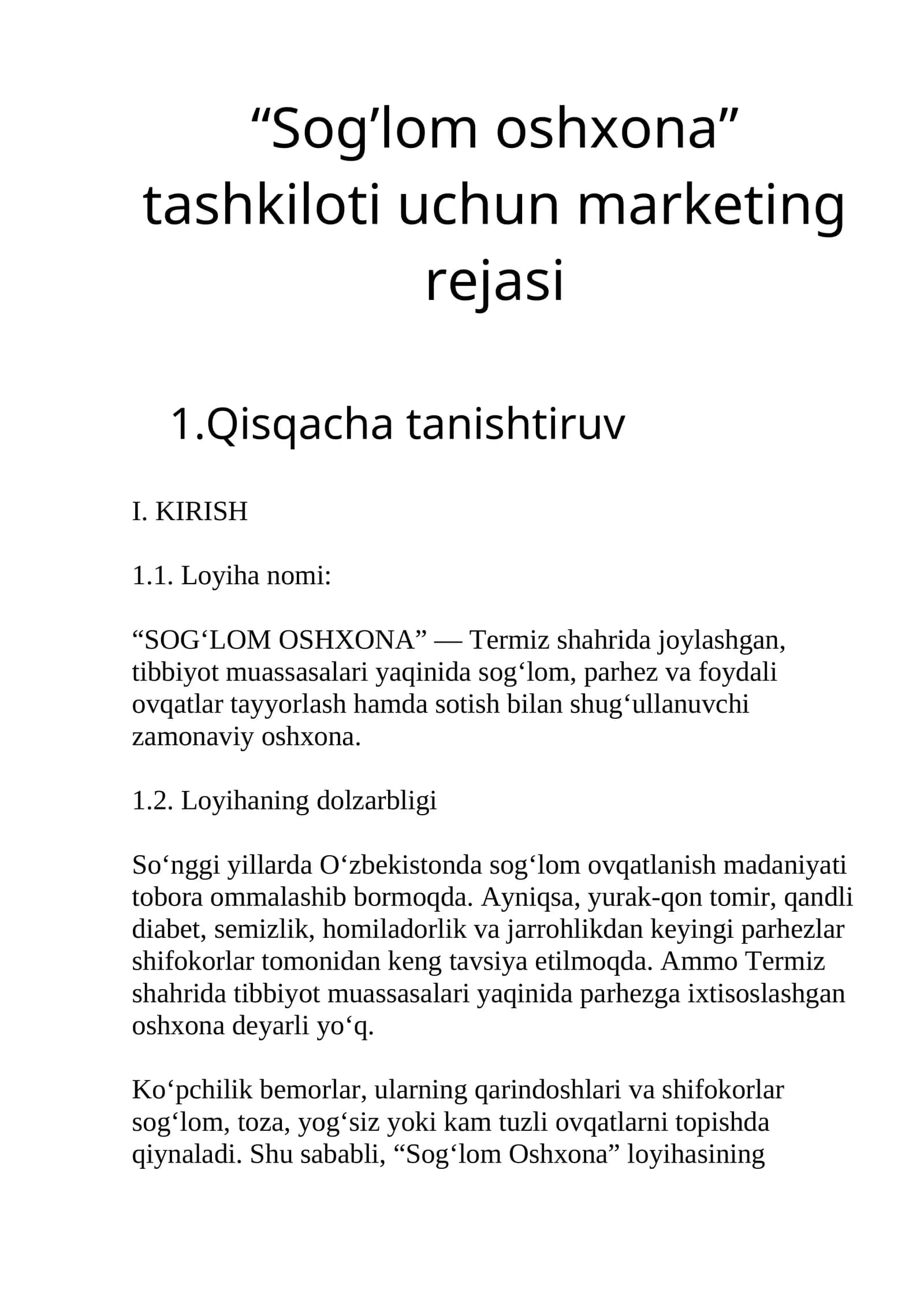 "SOG‘LOM OSHXONA" tashkiloti uchun marketing rejasi