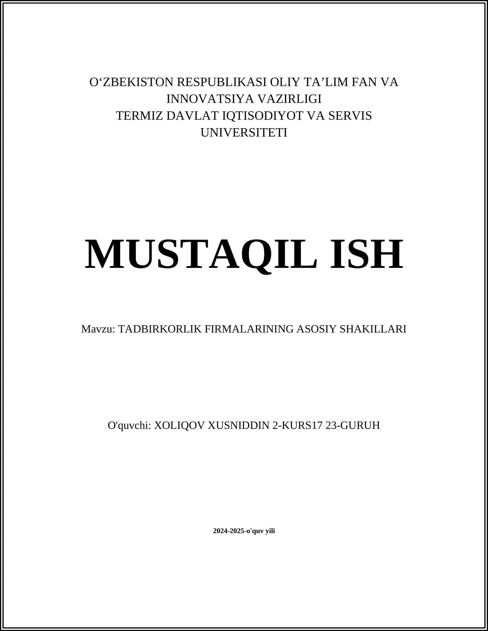 TADBIRKORLIK FIRMALARINING ASOSIY SHAKILLARI