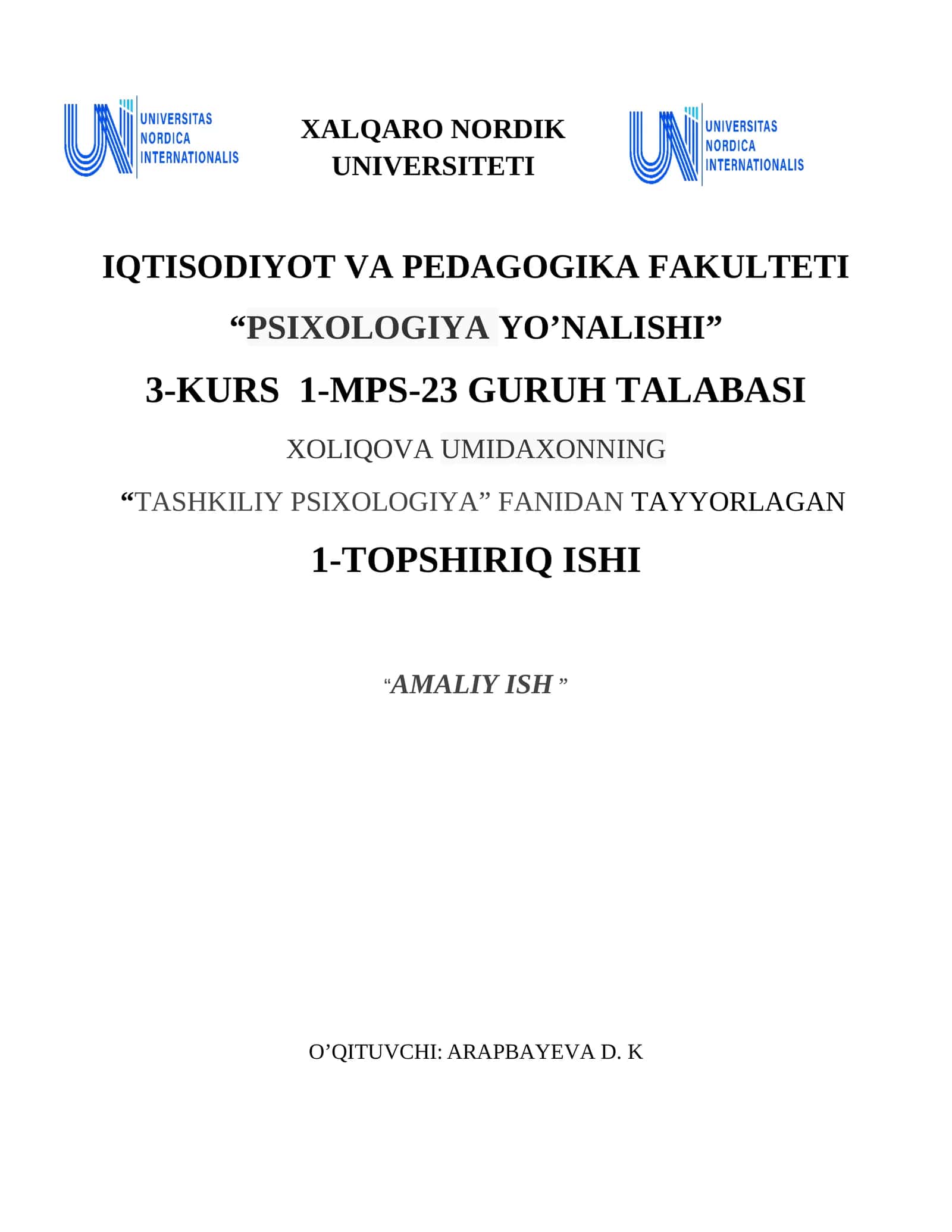 Tashkiliy psixologiya fanidagi topshiriq