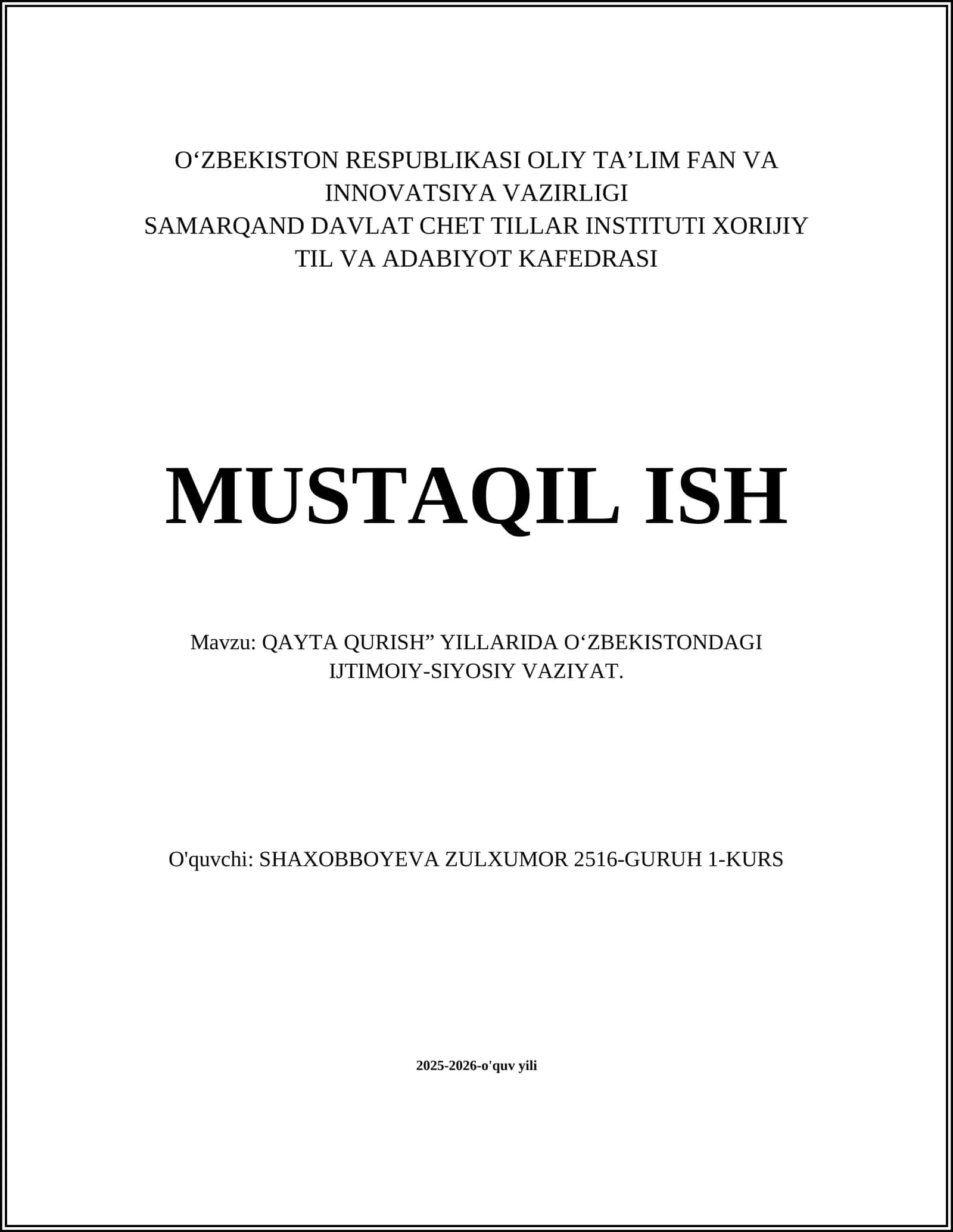 QAYTA QURISH” YILLARIDA O‘ZBEKISTONDAGI IJTIMOIY-SIYOSIY VAZIYAT