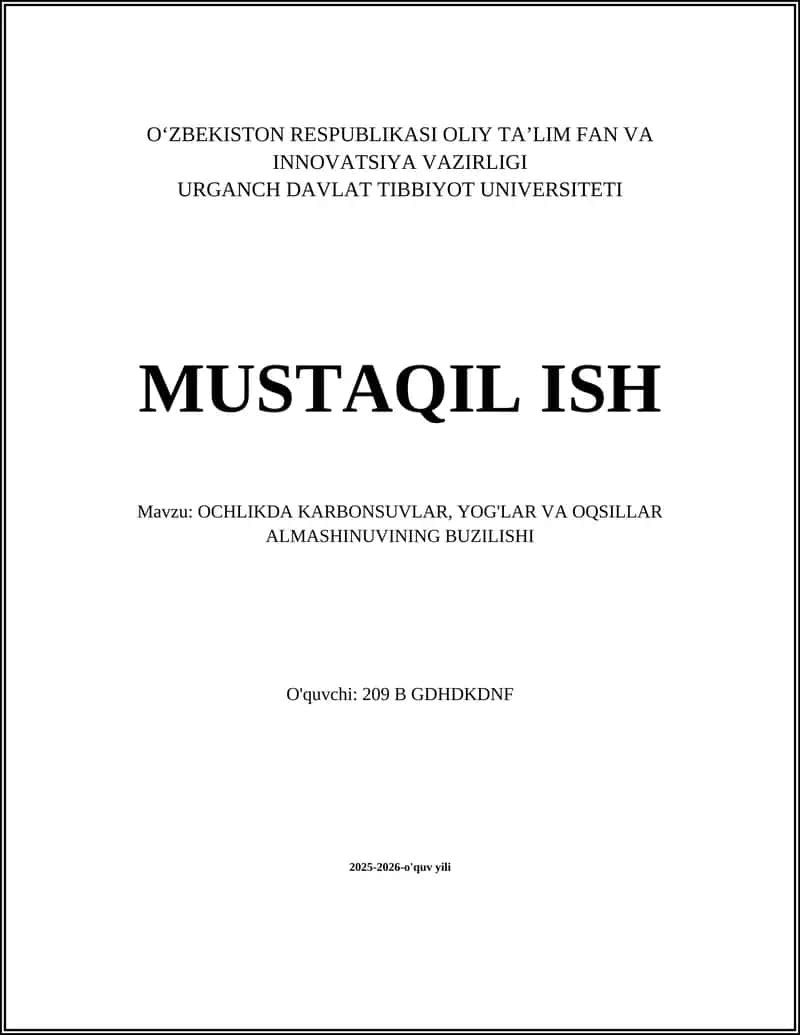 OCHLIKDA KARBONSUVLAR, YOG'LAR VA OQSILLAR ALMASHINUVINING BUZILISHI