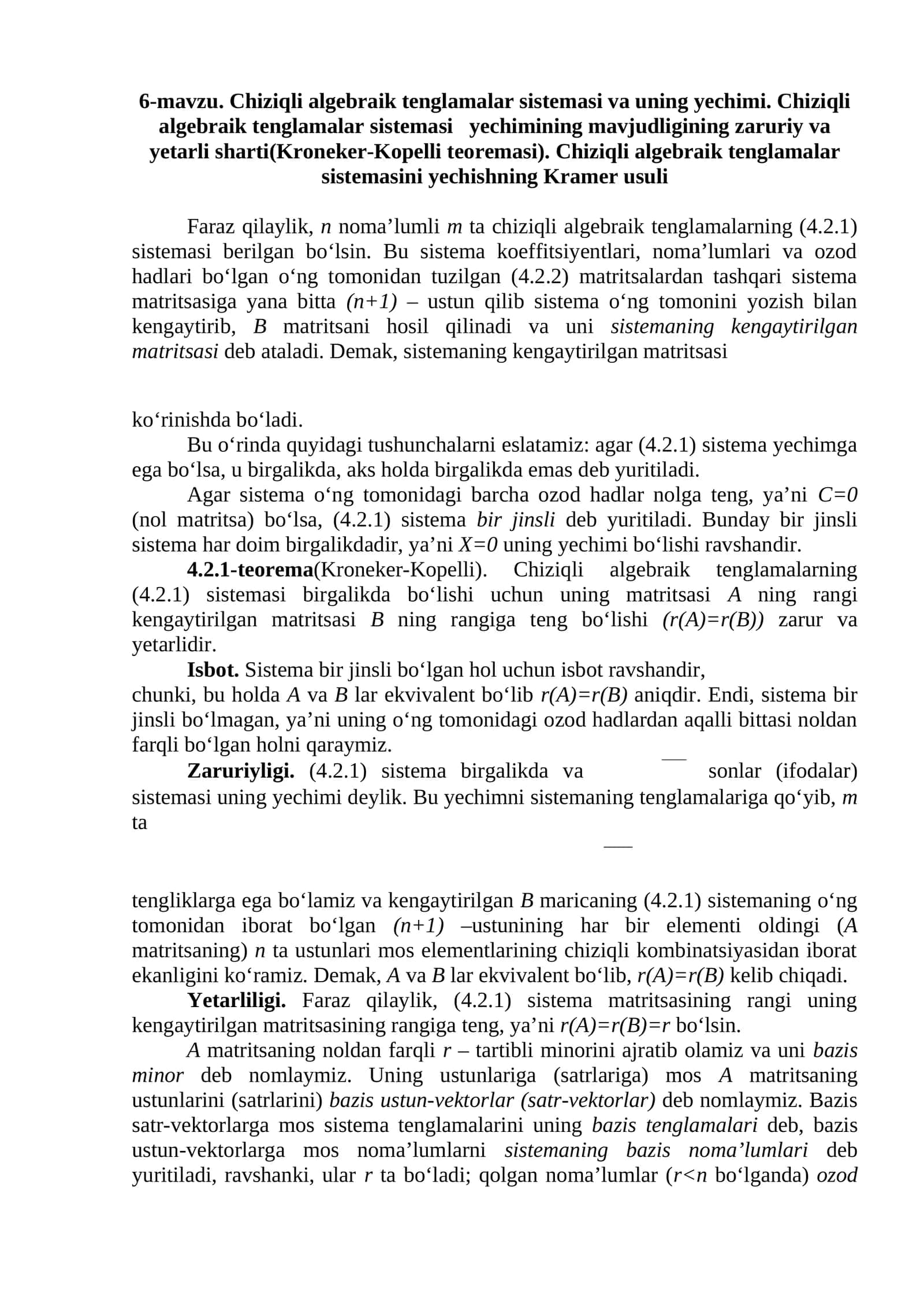 Chiziqli algebraik tenglamalar sistemasi va uning yechimi