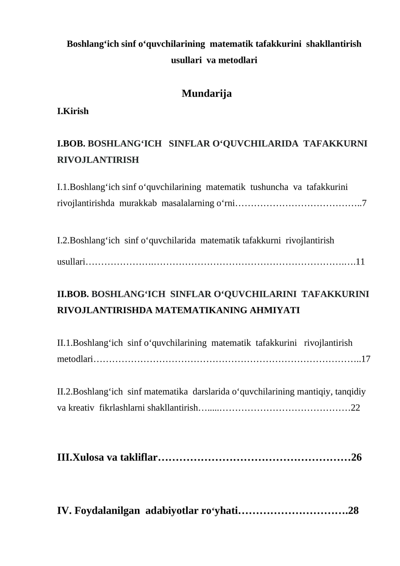 Boshlang'ich sinf o'quvchilarining matematik tafakkurini shakllantirish usullari va metodlari