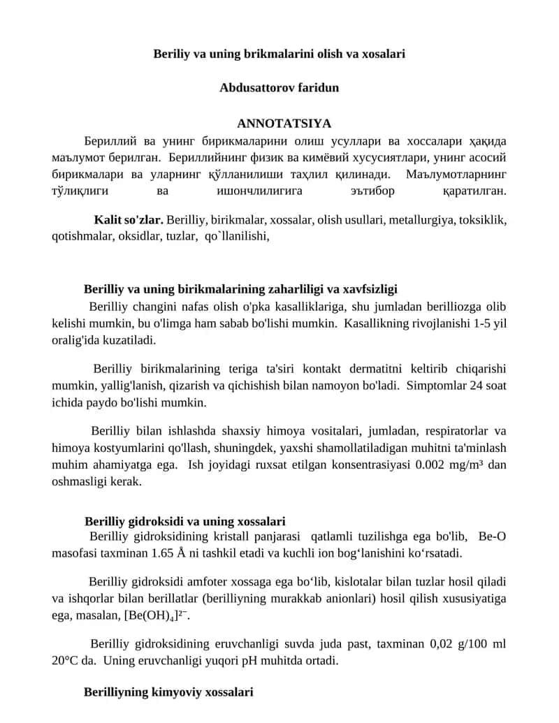 Beriliy va uning brikmalarini olish va xosalari
