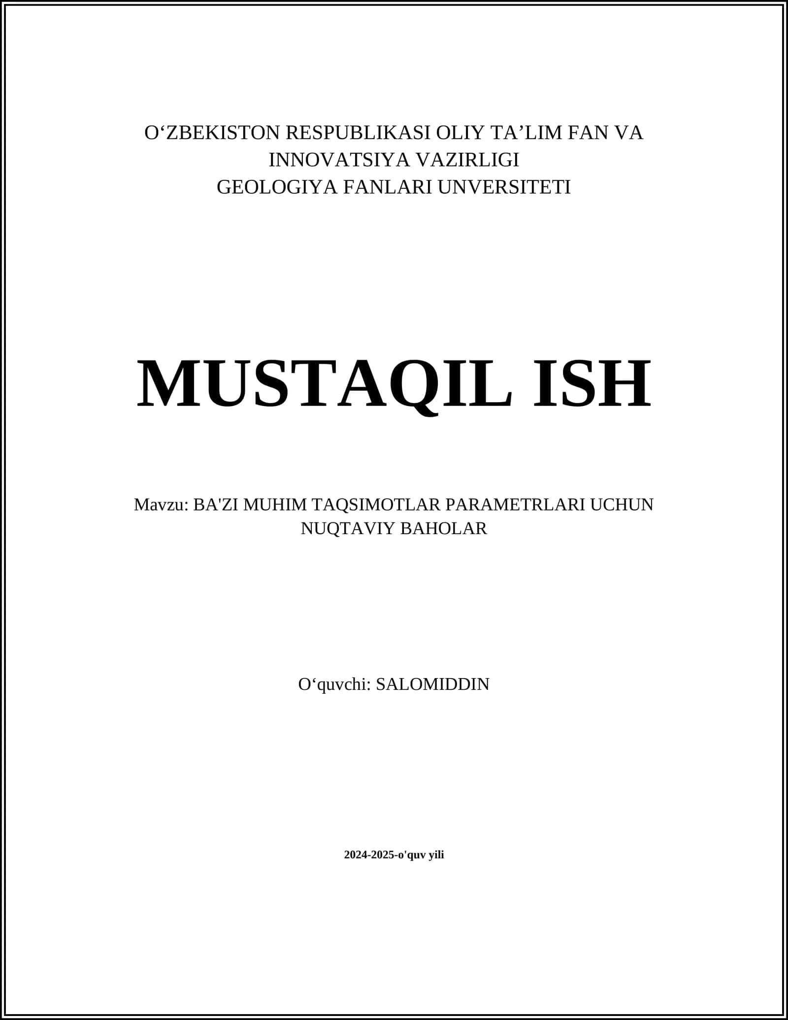 BA'ZI MUHIM TAQSIMOTLAR PARAMETRLARI UCHUN NUQTAVIY BAHOLAR