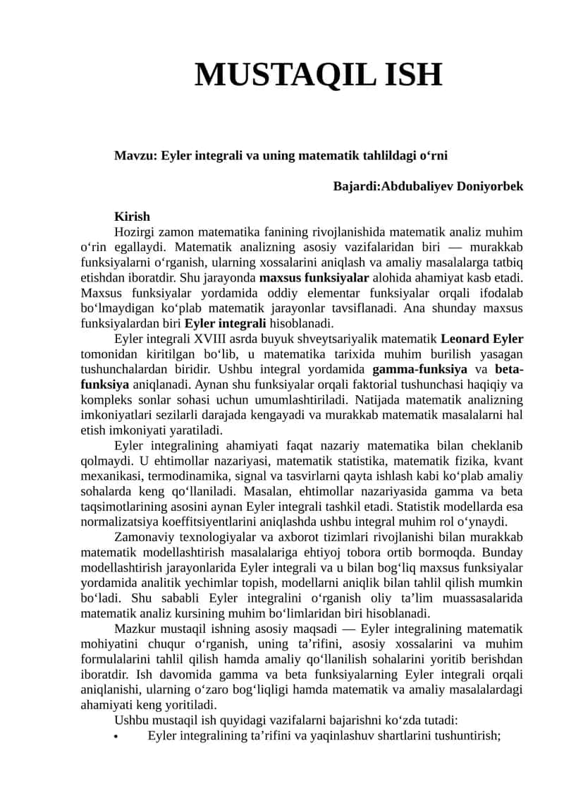 Eyler integrali va uning matematik tahlildagi o‘rni
