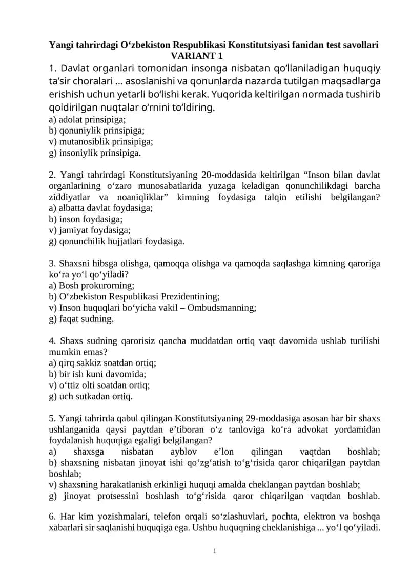 Yangi tahrirdagi O‘zbekiston Respublikasi Konstitutsiyasi fanidan test savollari