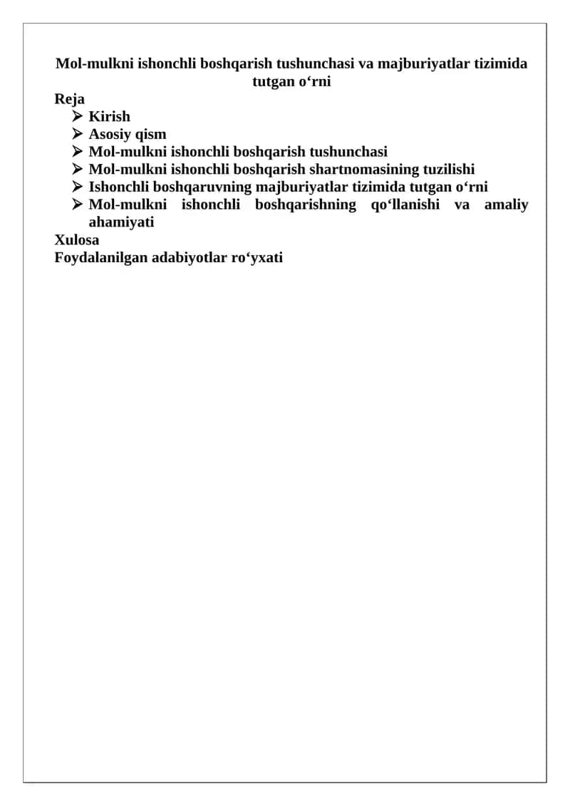 Mol-mulkni ishonchli boshqarish tushunchasi va majburiyatlar tizimida tutgan o‘rni