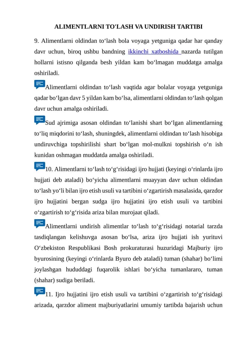 ALIMENTLARNI TO'LASH VA UNDIRISH TARTIBI
