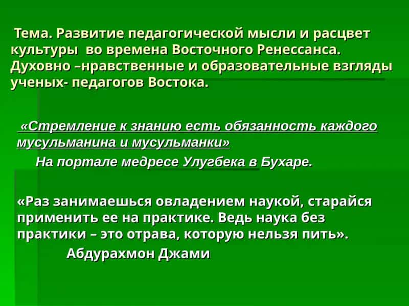 Развитие педагогической мысли и расцвет культуры во времена Восточного Ренессанса