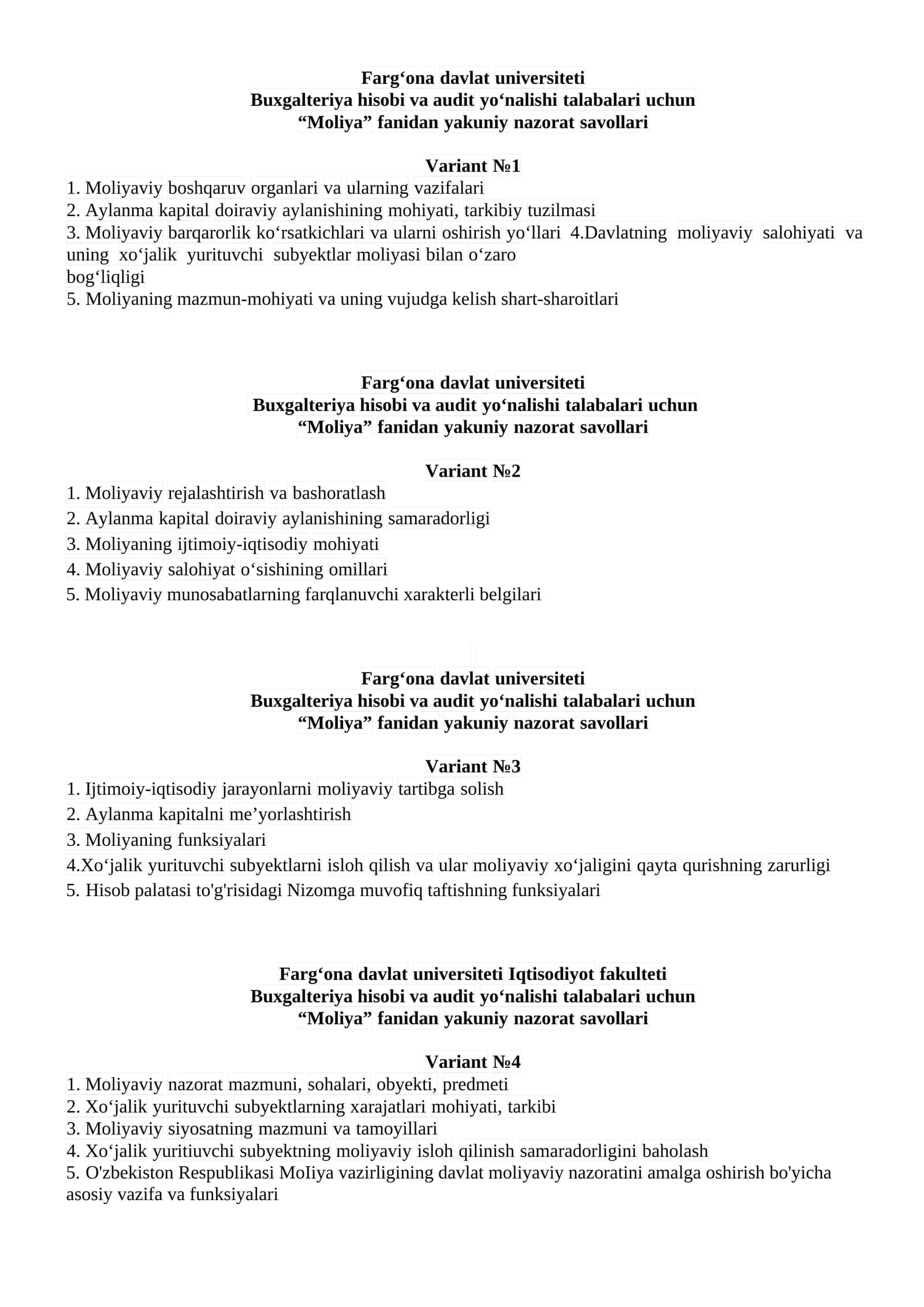 Moliya fanidan yakuniy nazorat savollari
