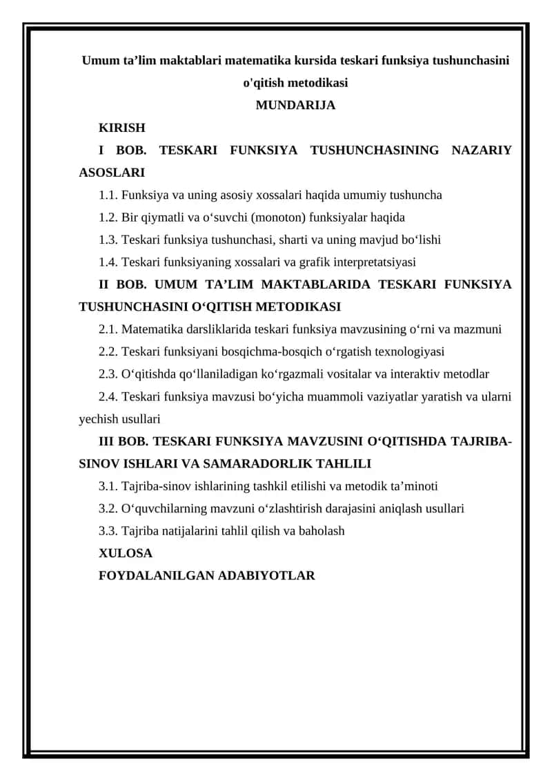 Teskari funksiya tushunchasi matematika kursida