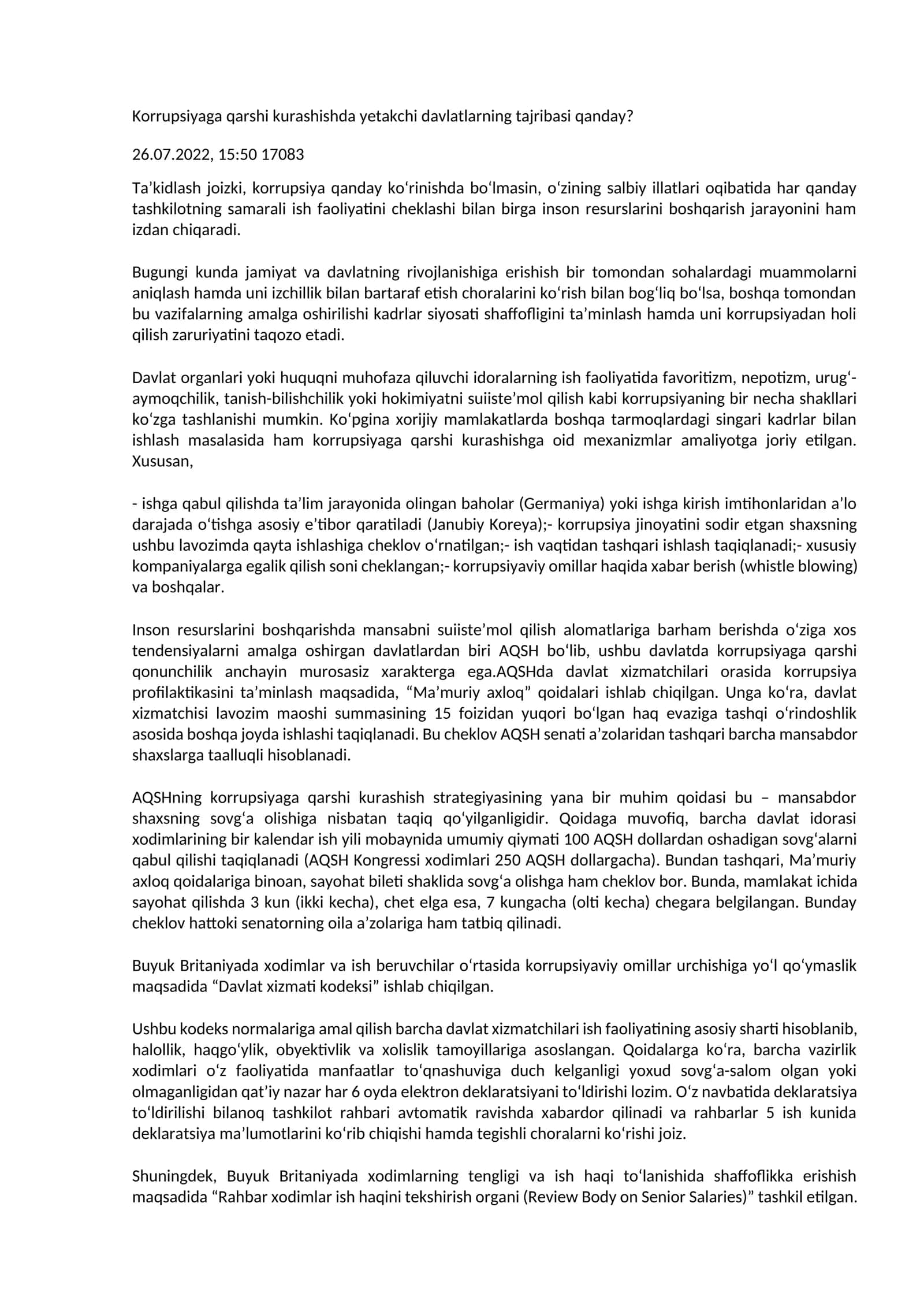 Korrupsiyaga qarshi kurashishda yetakchi davlatlarning tajribasi qanday?
