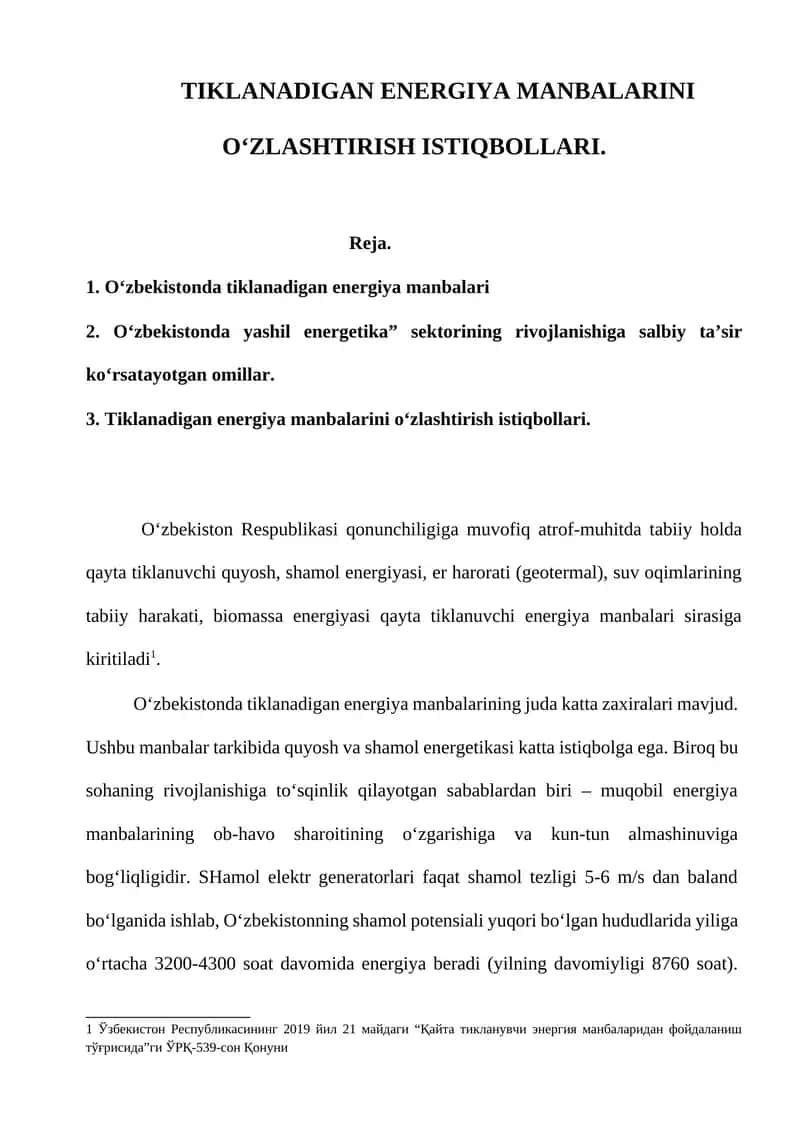 Tiklanadigan energiya manbalarini o‘zlashtirish istiqbollari