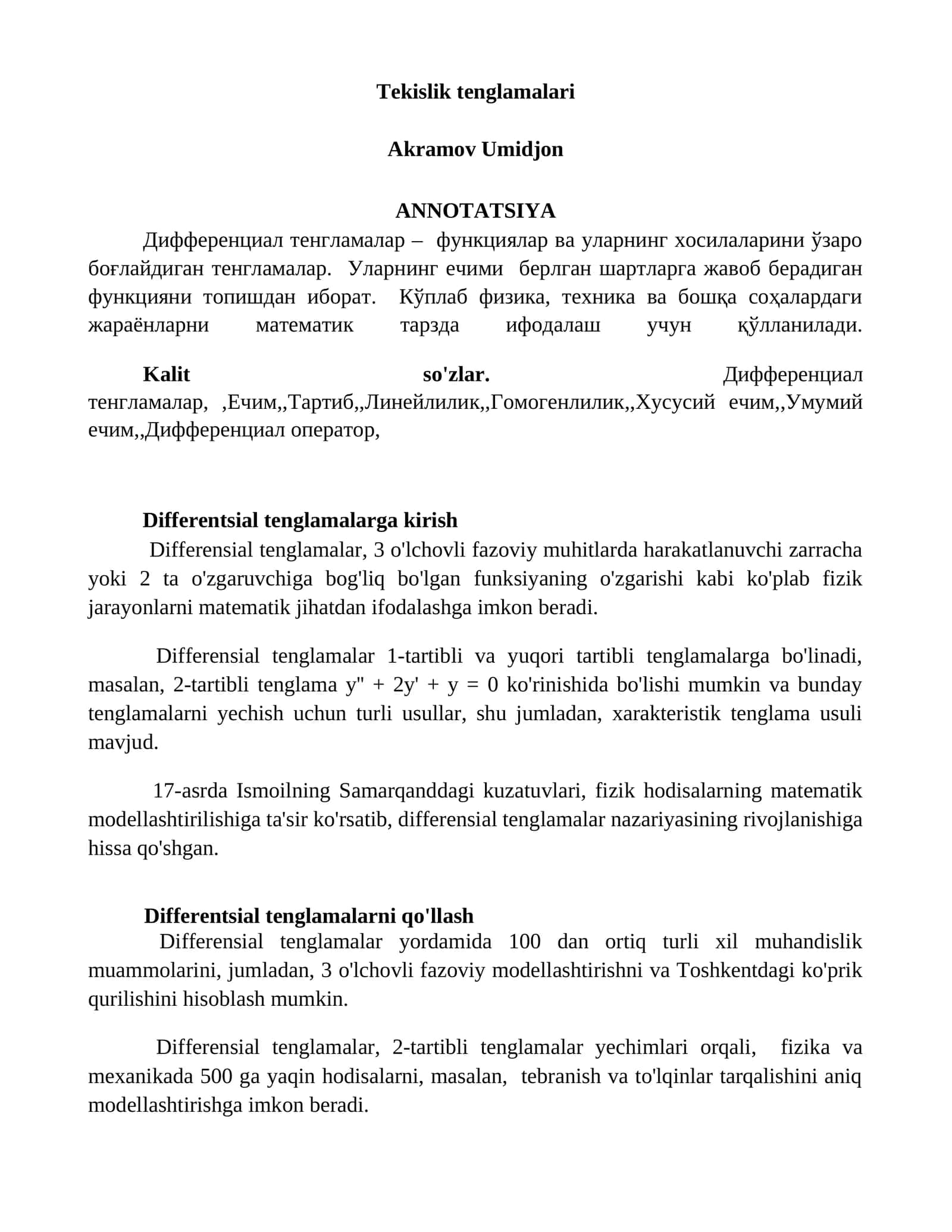 Tekislik tenglamalari