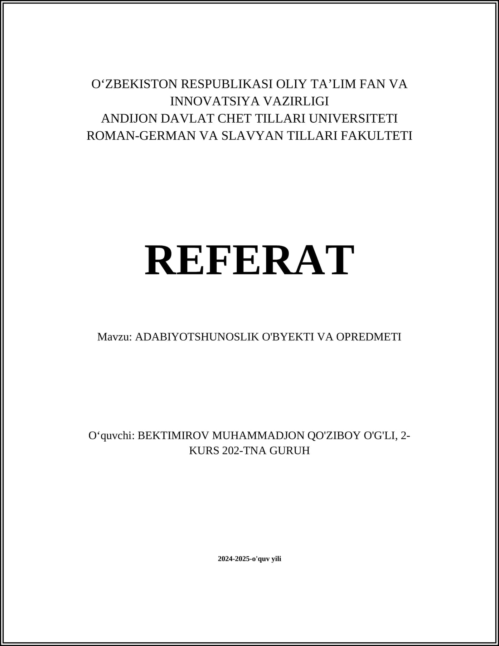 ADABIYOTSHUNOSLIK O'BYEKTI VA OPREDMETI
