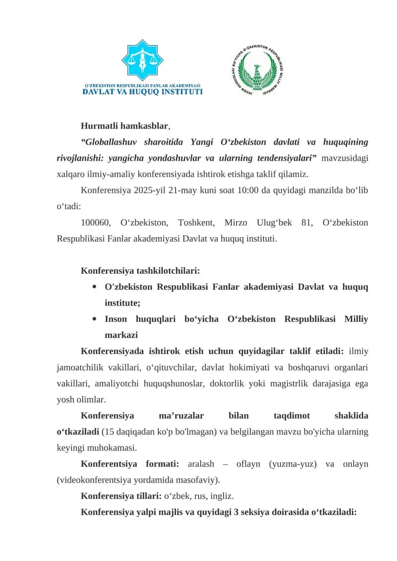 "Globallashuv sharoitida Yangi O‘zbekiston davlati va huquqining rivojlanishi: yangicha yondashuvlar va ularning tendensiyalari" Konferensiya