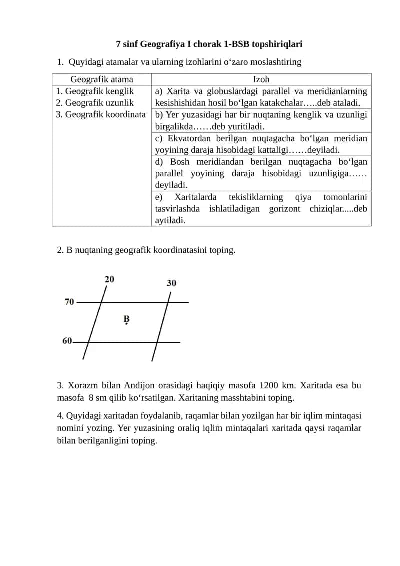 7 sinf Geografiya I chorak 1-BSB topshiriqlari