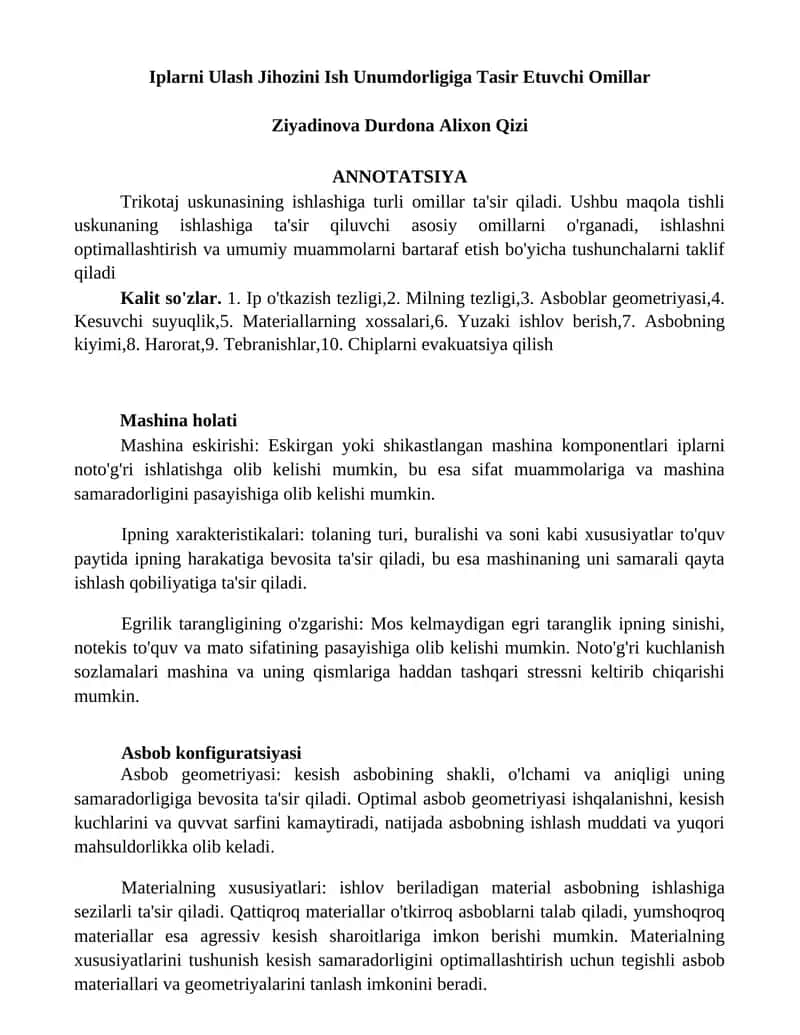Iplarni Ulash Jihozini Ish Unumdorligiga Tasir Etuvchi Omillar