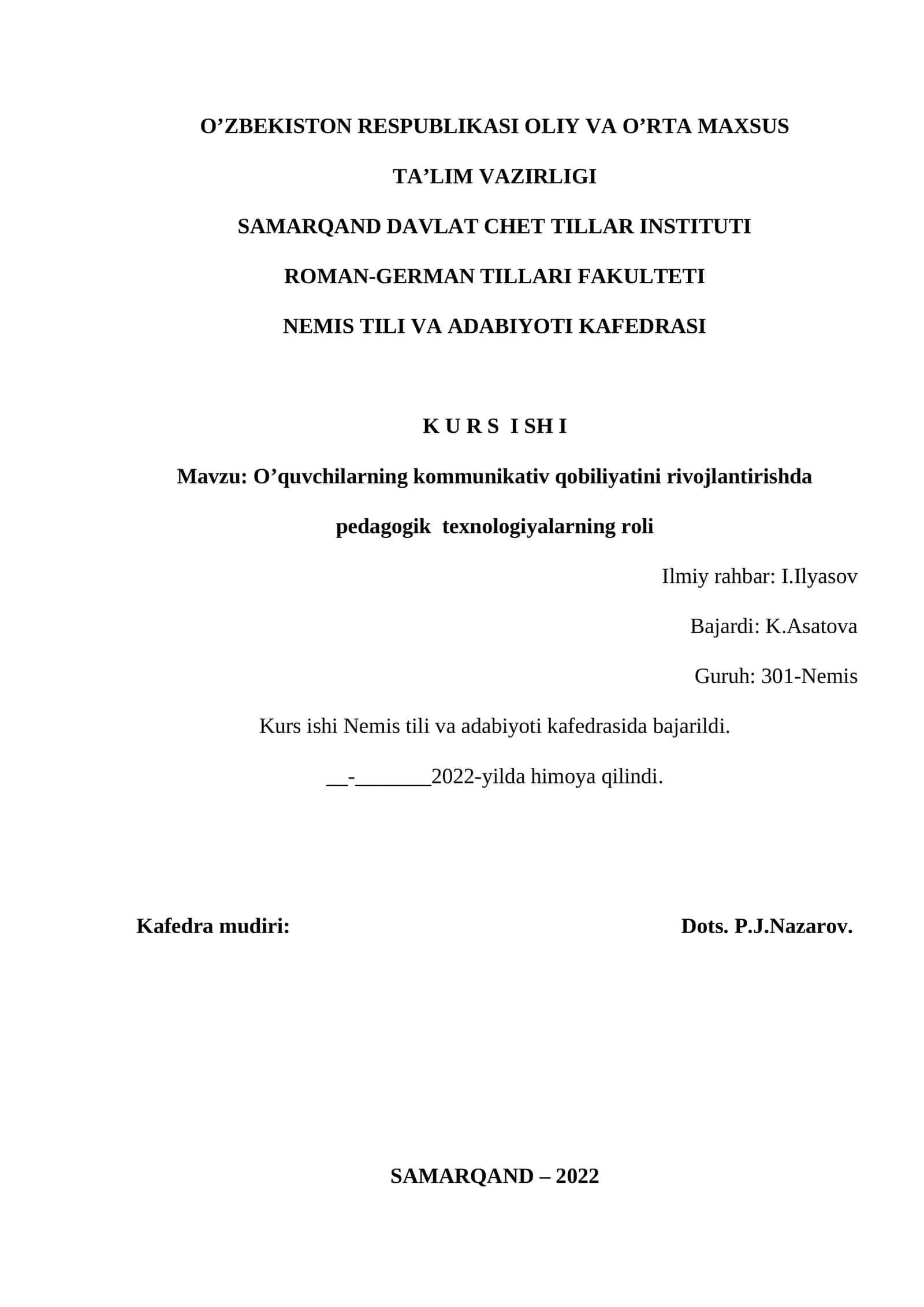 Kurs ishi Nemis tili va adabiyoti kafedrasida