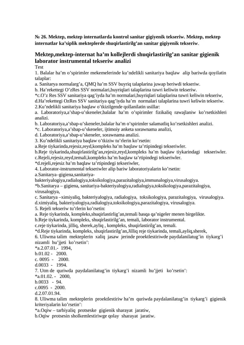 Mektep, mektep internatlarda kontrol sanitar gigiyenik tekseriw