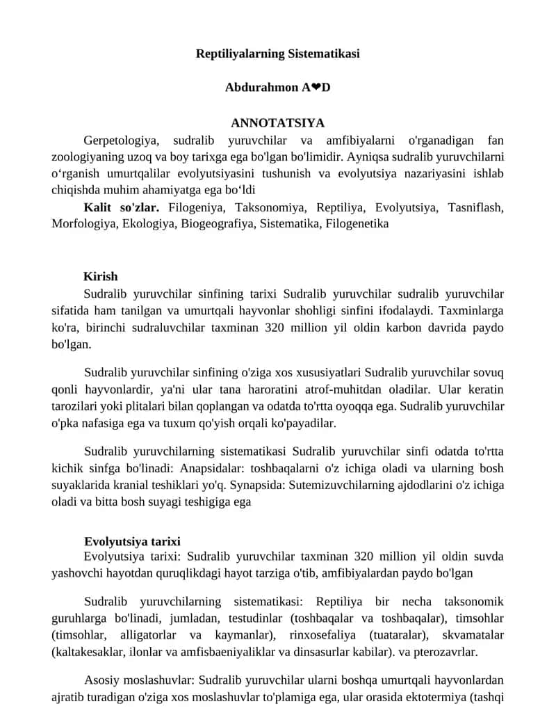 Reptiliyalarning Sistematikasi