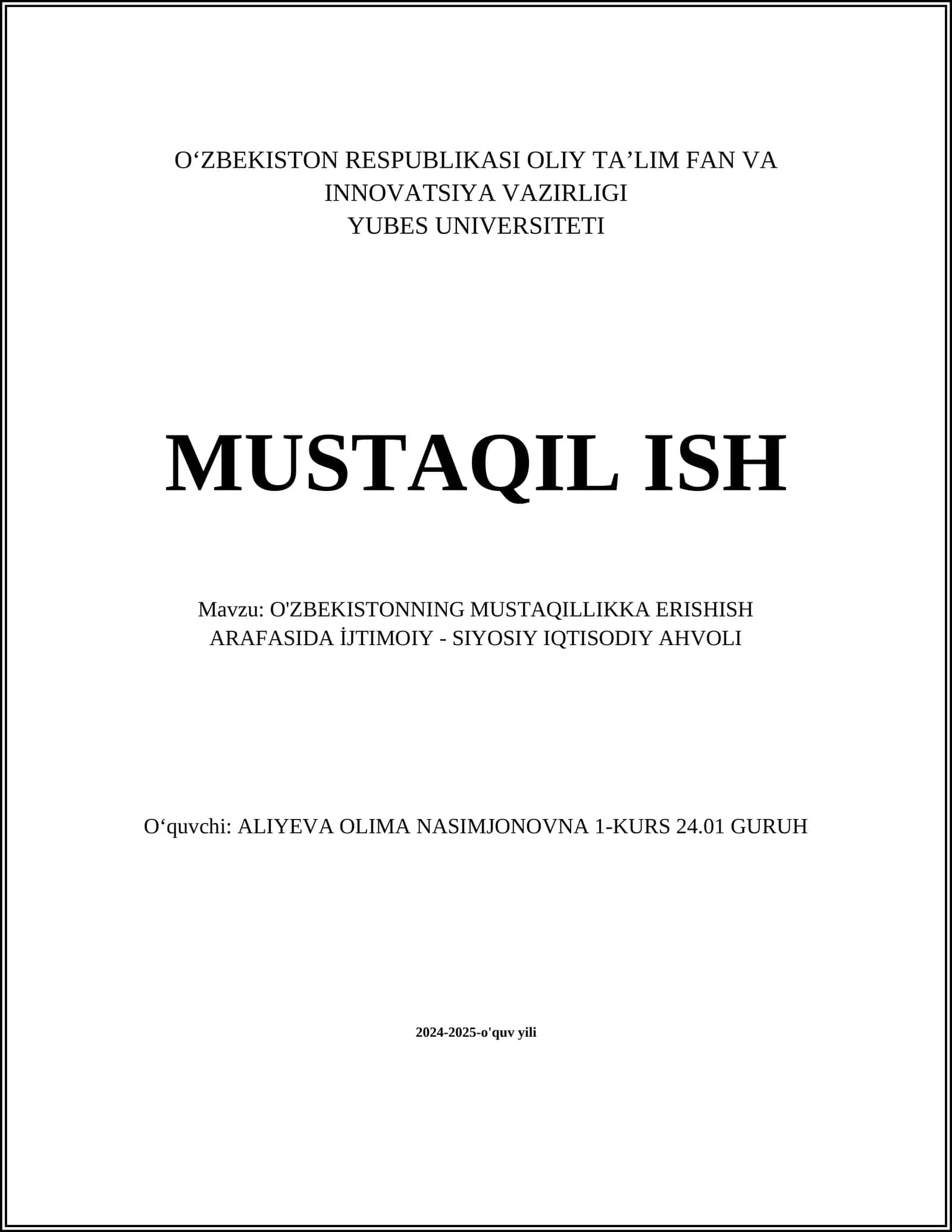 O'ZBEKISTONNING MUSTAQILLIKKA ERISHISH ARAFASIDA İJTIMOIY - SIYOSIY IQTISODIY AHVOLI