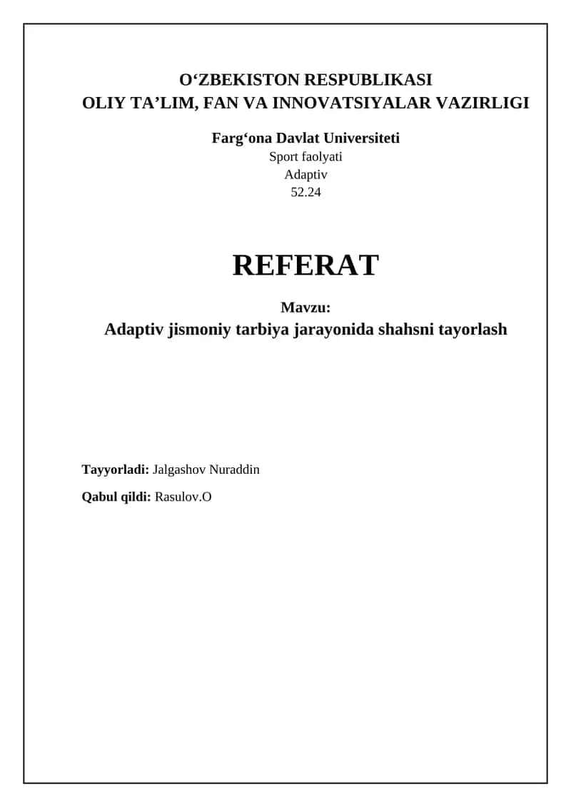 Adaptiv jismoniy tarbiya jarayonida shahsni tayorlash