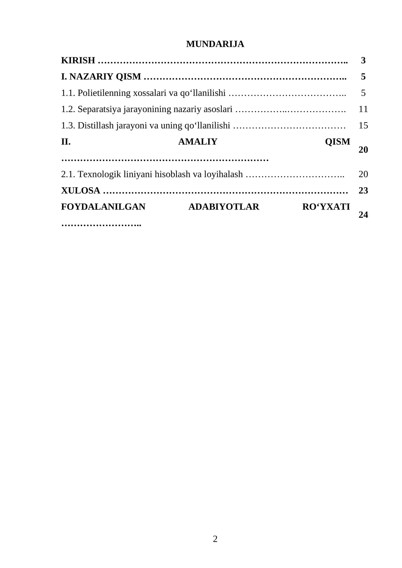 Separatsiya va distillash jarayonlarida PE ni ajratish texnologik liniyasini loyihalash. Q=130000 t/yil.