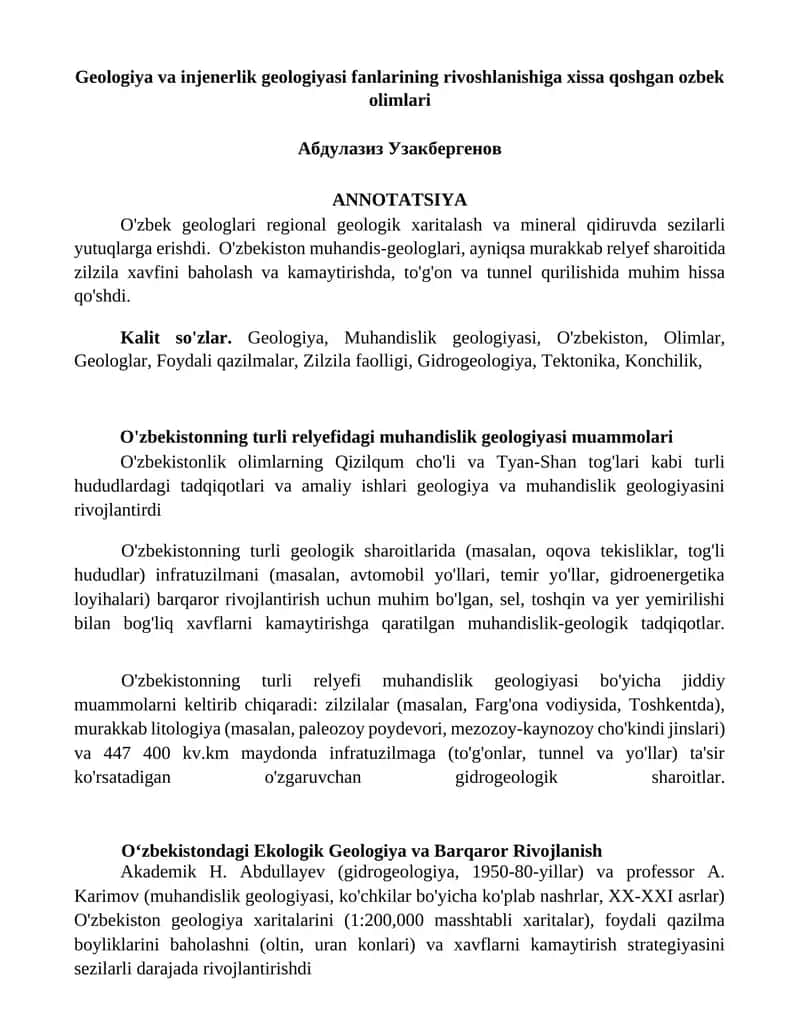 Geologiya va Injenerlik Geologiyasi Fanlari