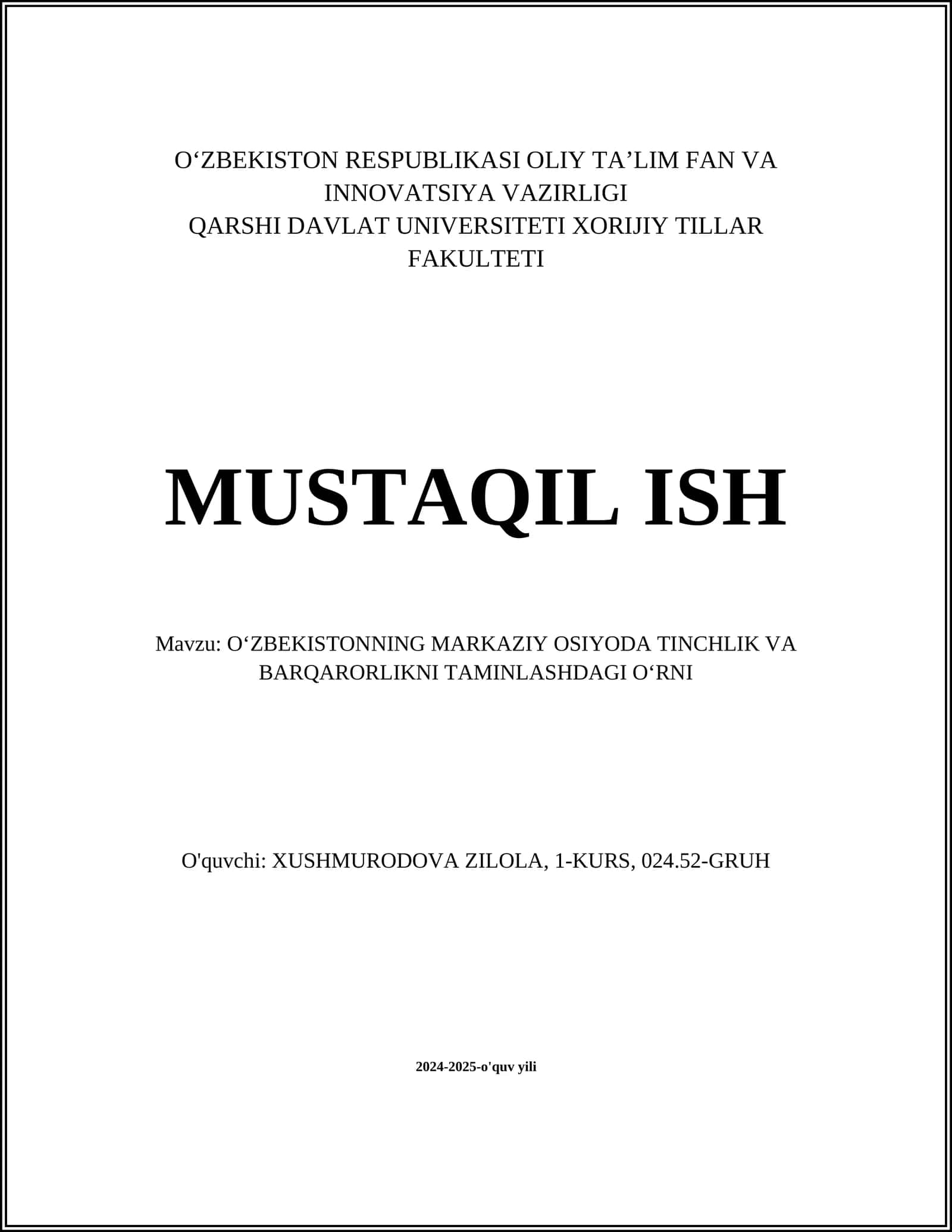 OʻZBEKISTONNING MARKAZIY OSIYODA TINCHLIK VA BARQARORLIKNI TAMINLASHDAGI OʻRNI