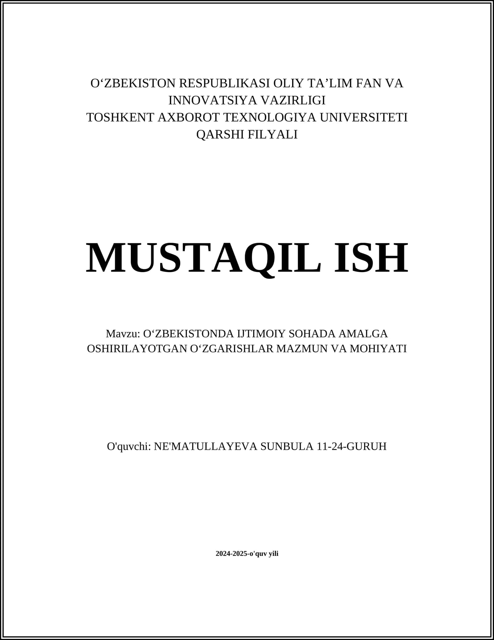 OʻZBEKISTONDA IJTIMOIY SOHADA AMALGA OSHIRILAYOTGAN OʻZGARISHLAR MAZMUN VA MOHIYATI