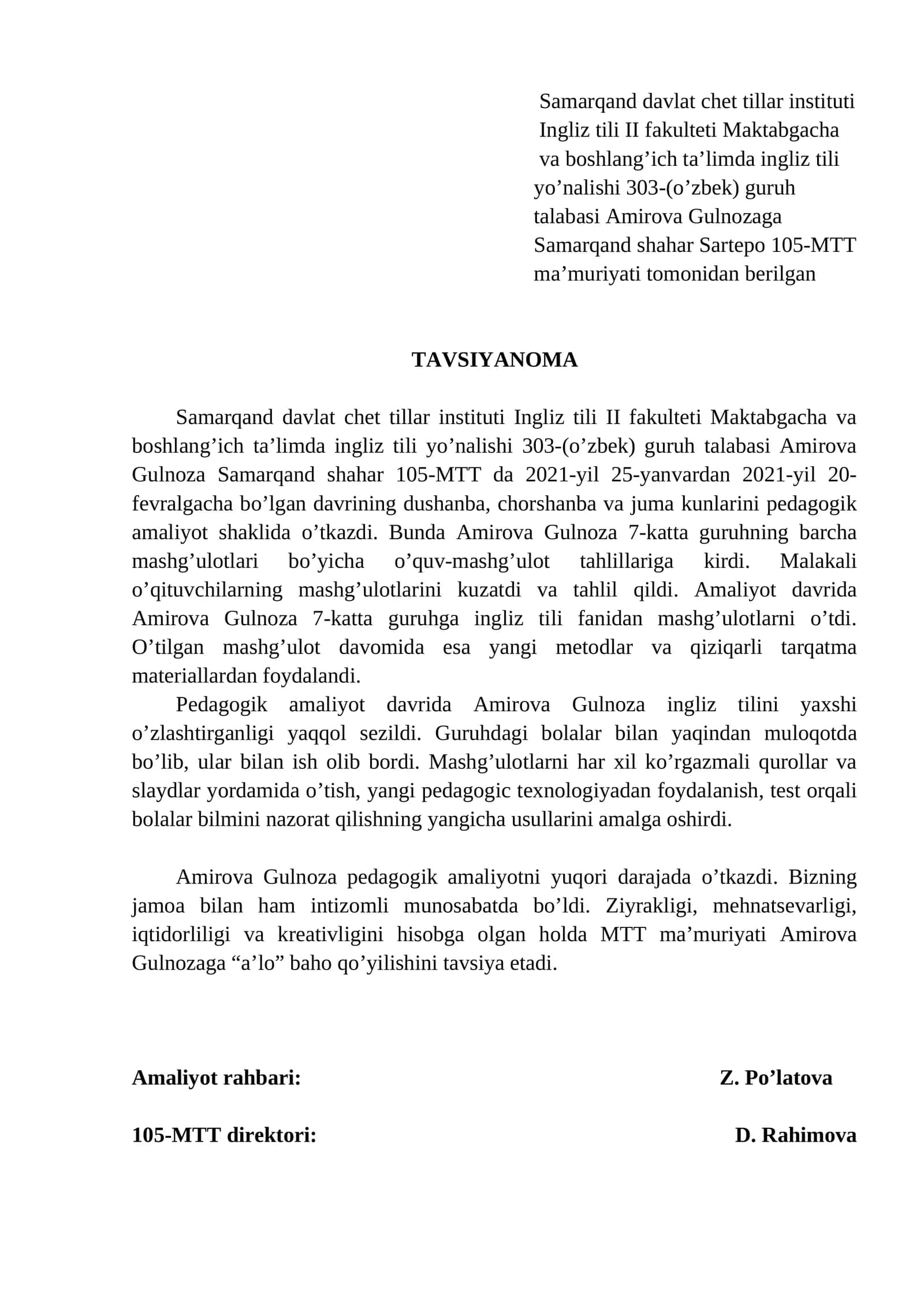 Samarqand davlat chet tillar instituti Ingliz tili II fakulteti Maktabgacha va boshlang’ich ta’limda ingliz tili yo’nalishi 303-(o’zbek) guruh talabasi Amirova Gulnozaga
