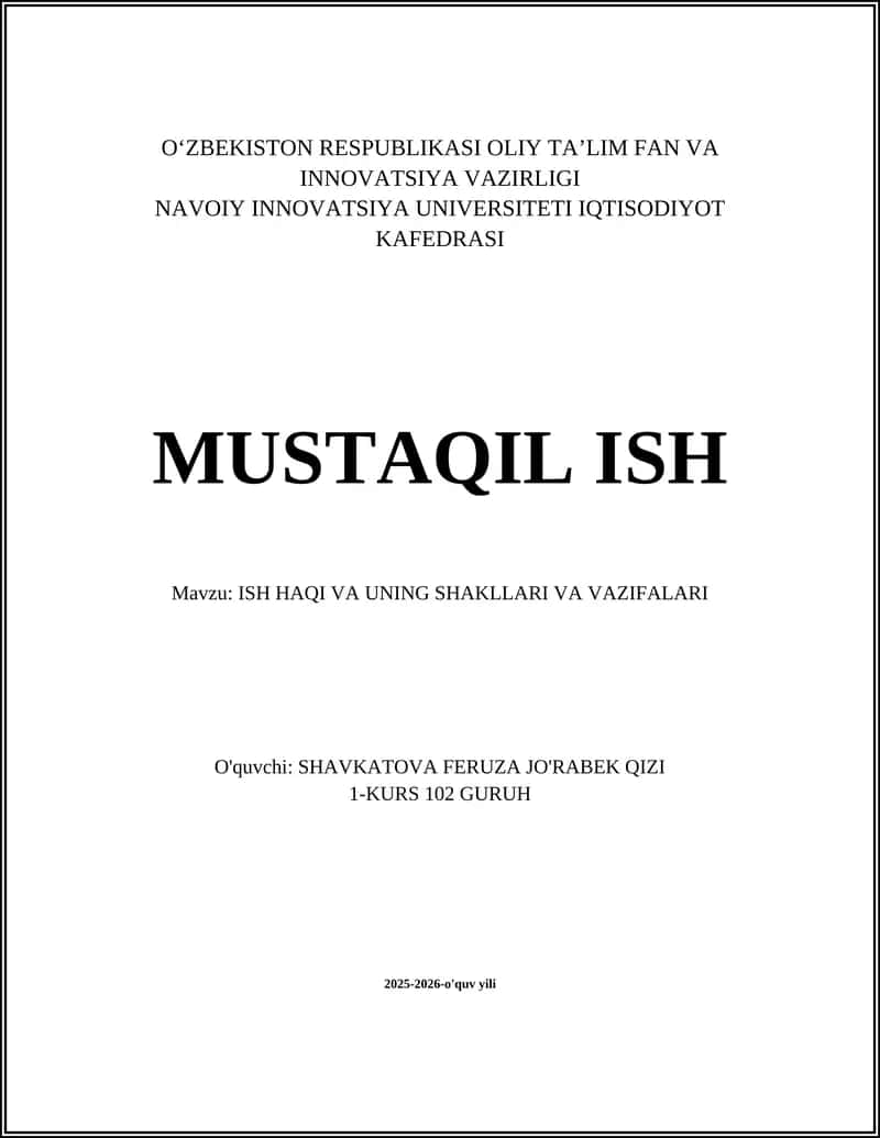 ISH HAQI VA UNING SHAKLLARI VA VAZIFALARI