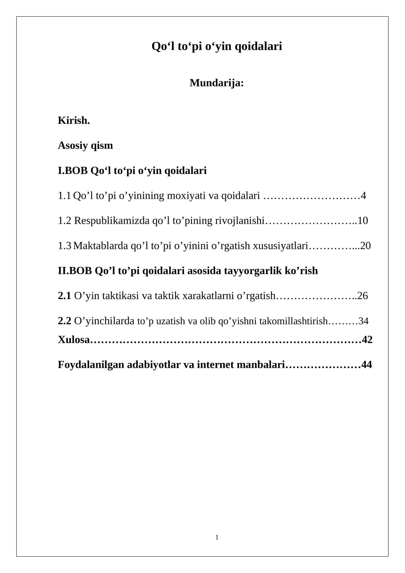 Qo'l to'pi o'yin qoidalari kurs ishi