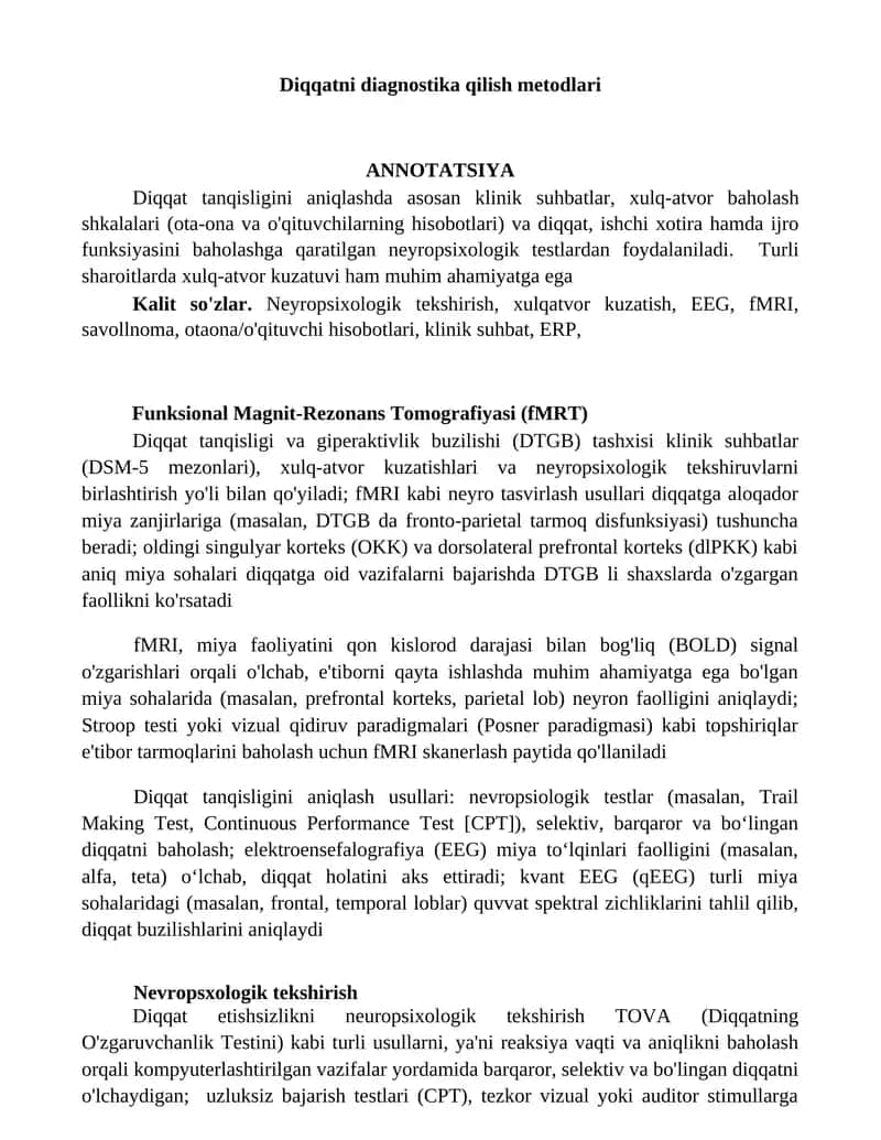 Diqqatni diagnostika qilish metodlari