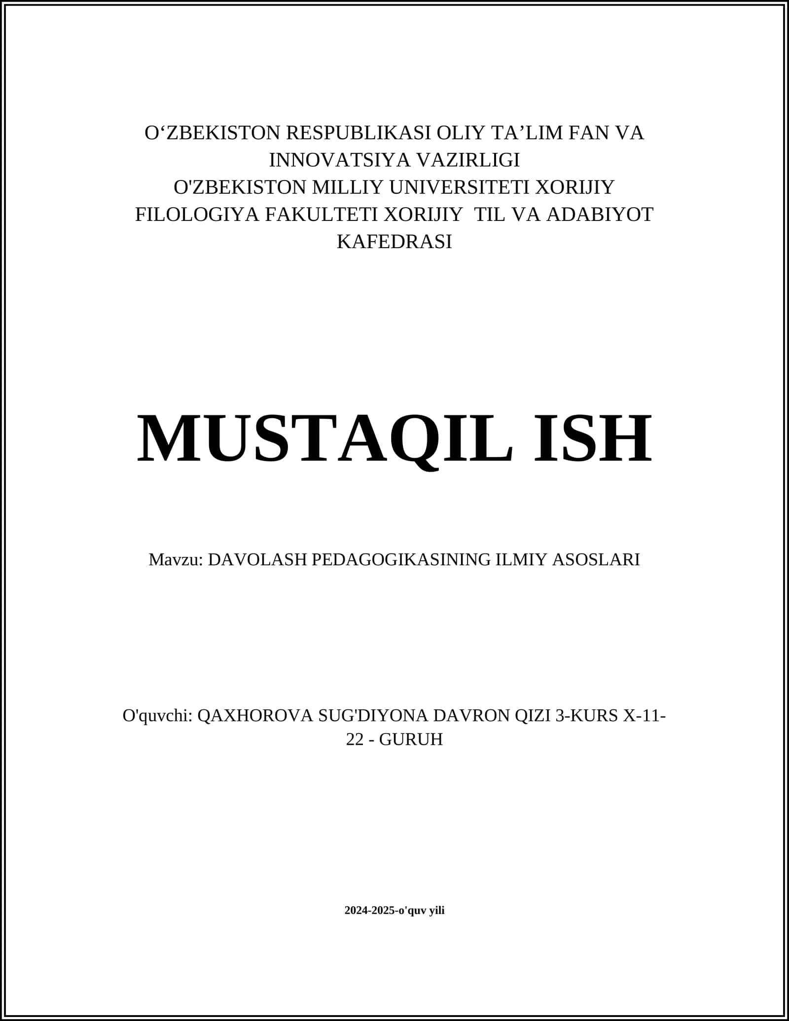 DAVOLASH PEDAGOGIKASINING ILMIY ASOSLARI
