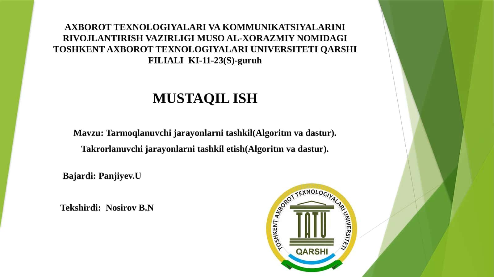 Tarmoqlanuvchi jarayonlarni tashkil etish (Algoritm va dastur)