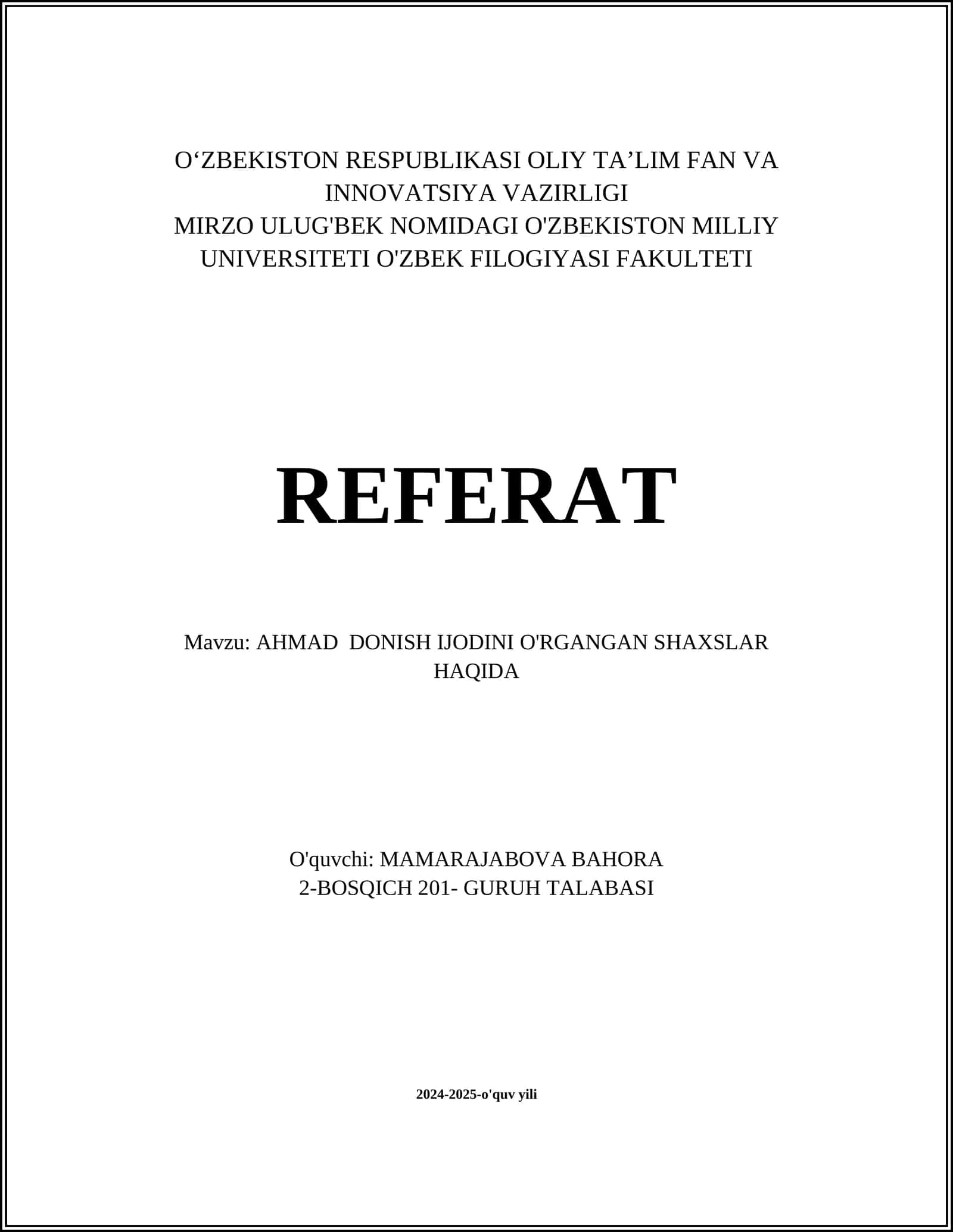 AHMAD DONISH IJODINI O'RGANGAN SHAXSLAR HAQIDA