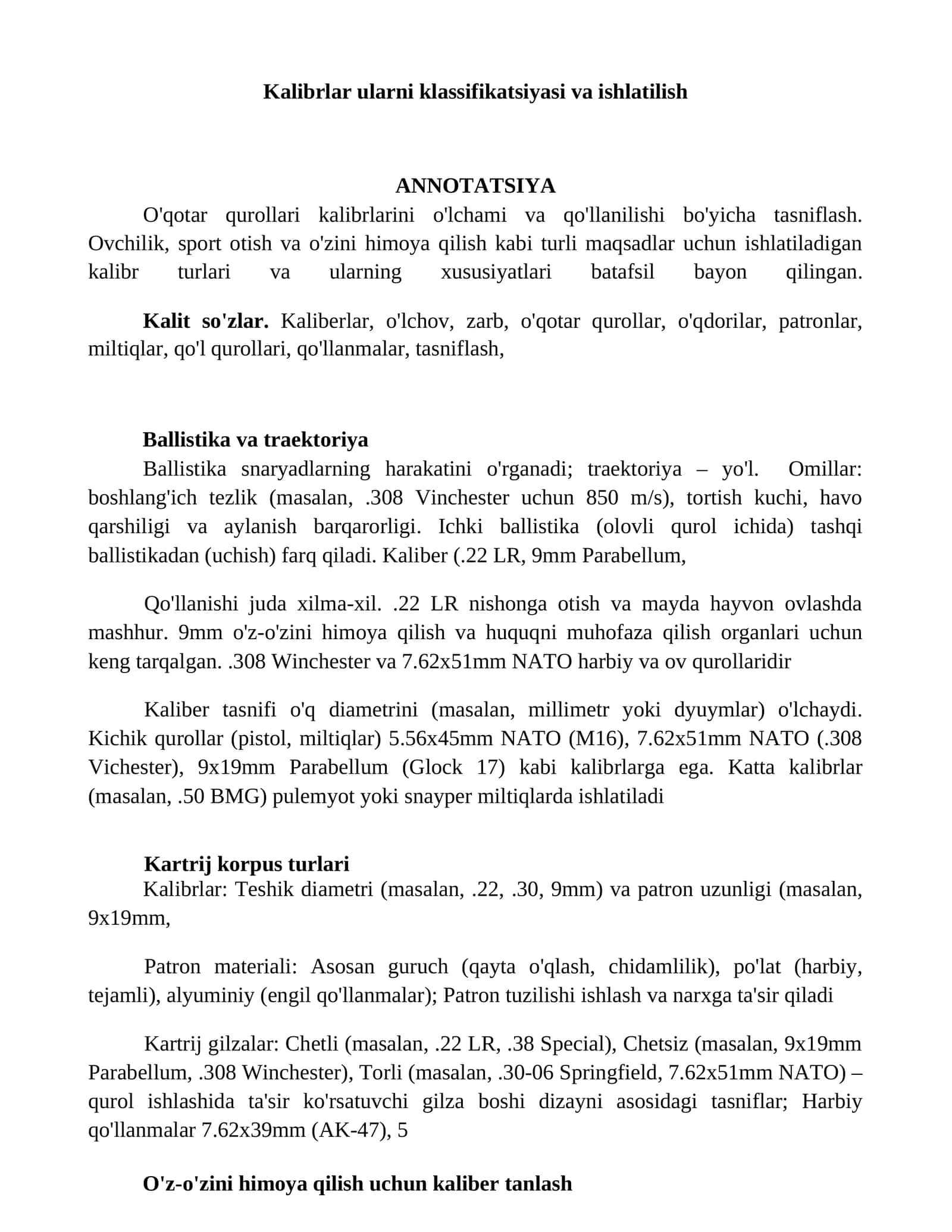 Kalibrlar ularni klassifikatsiyasi va ishlatilish