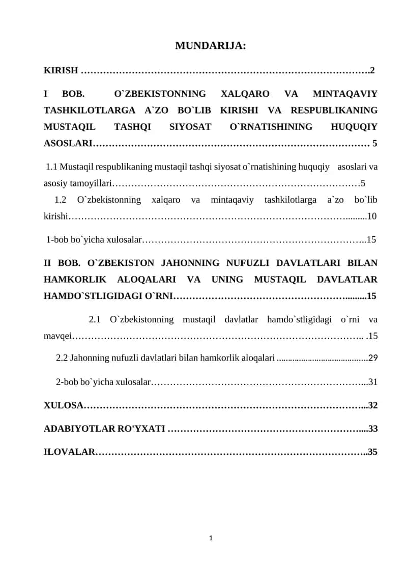O`ZBEKISTONNING XALQARO VA MINTAQAVIY TASHKILOTLARGA A`ZO BO`LIB KIRISHI VA RESPUBLIKANING MUSTAQIL TASHQI SIYOSAT O`RNATISHINING HUQUQIY ASOSLARI
