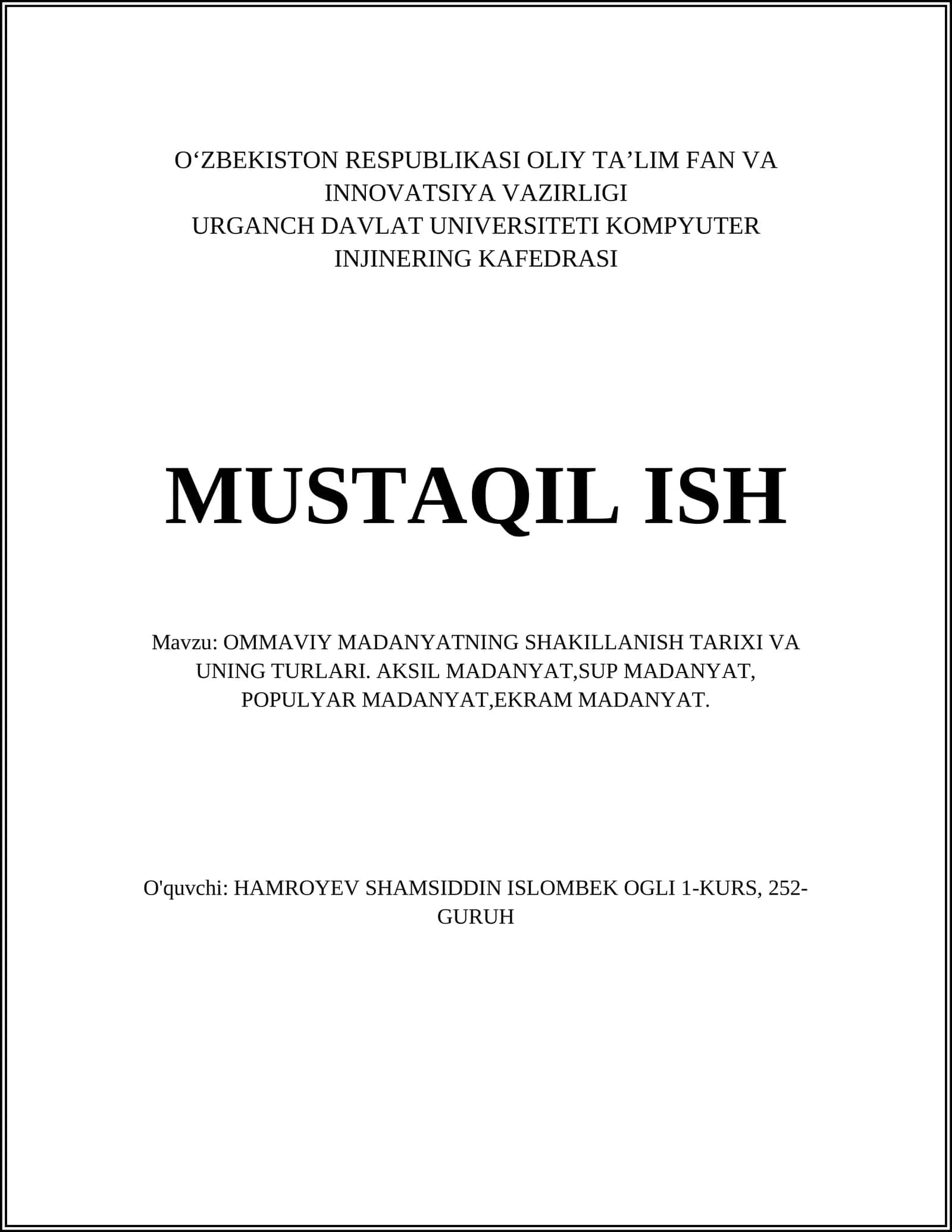 OMMAVIY MADANYATNING SHAKILLANISH TARIXI VA UNING TURLARI