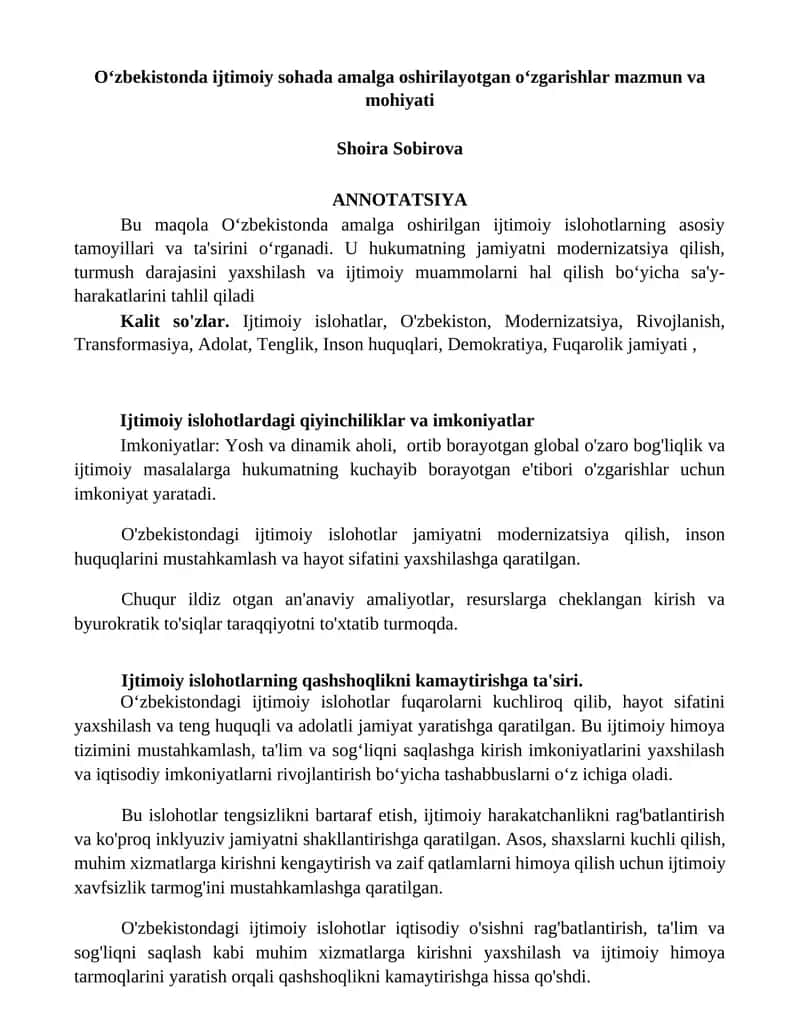 Ijtimoiy islohotlar Oʻzbekistonda