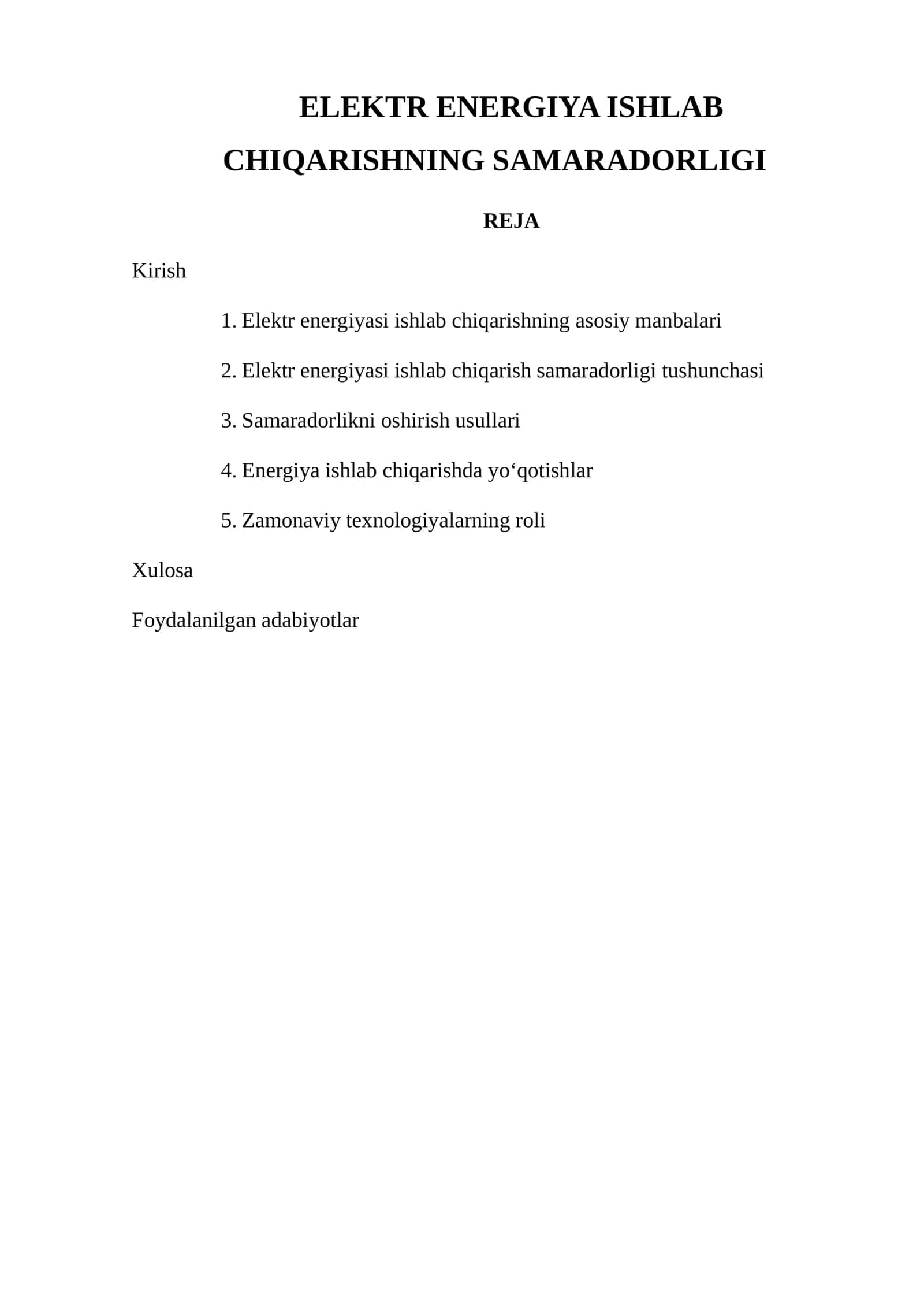 ELEKTR ENERGIYA ISHLAB CHIQARISHNING SAMARADORLIGI